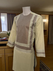 Men’s Light Beige Kameez with Brown and Matching Machine Embroidery – Traditional Afghan Wear | Luqmaan Boutique (Small)