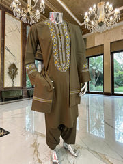 Men’s Olive Green Embroidered Afghan Perahan Tunban Set | S–XL