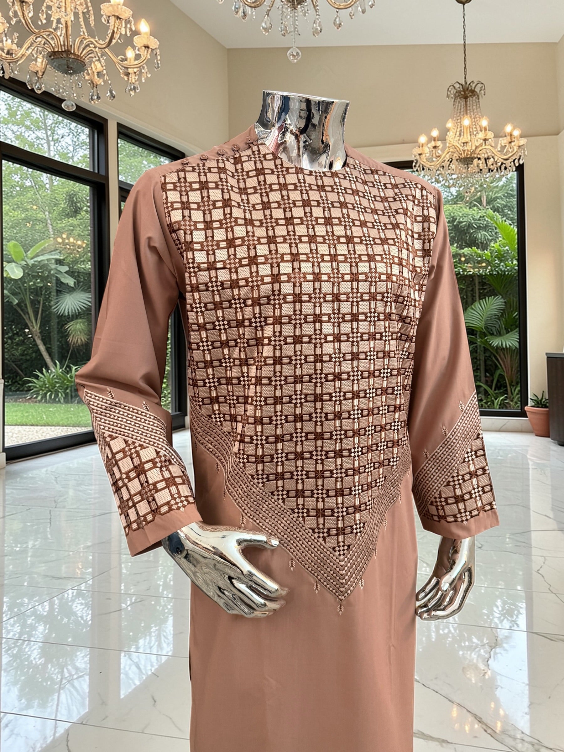 Small Men’s Tan Parahan Tumban with White & Tan Embroidery Afghan Kameese shalwar