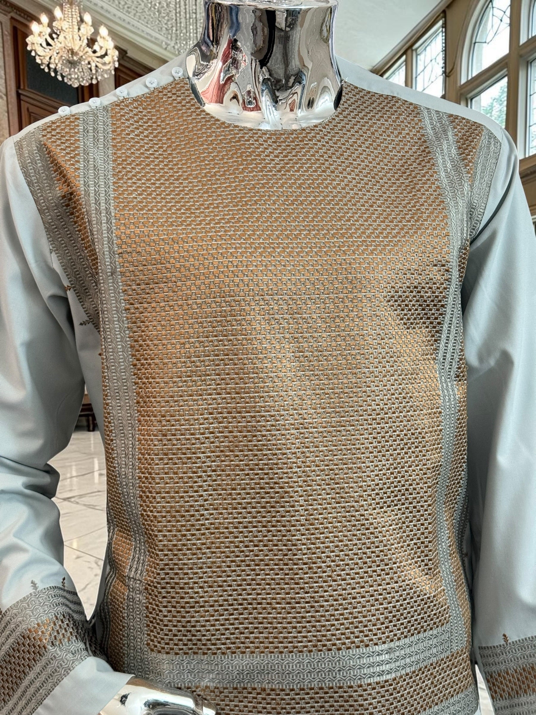 X-Large Blue-Gray Afghan Shalwar Kameez with Bronze Embroidery Yakhandozi | Luxury Men’s Traditional Wear