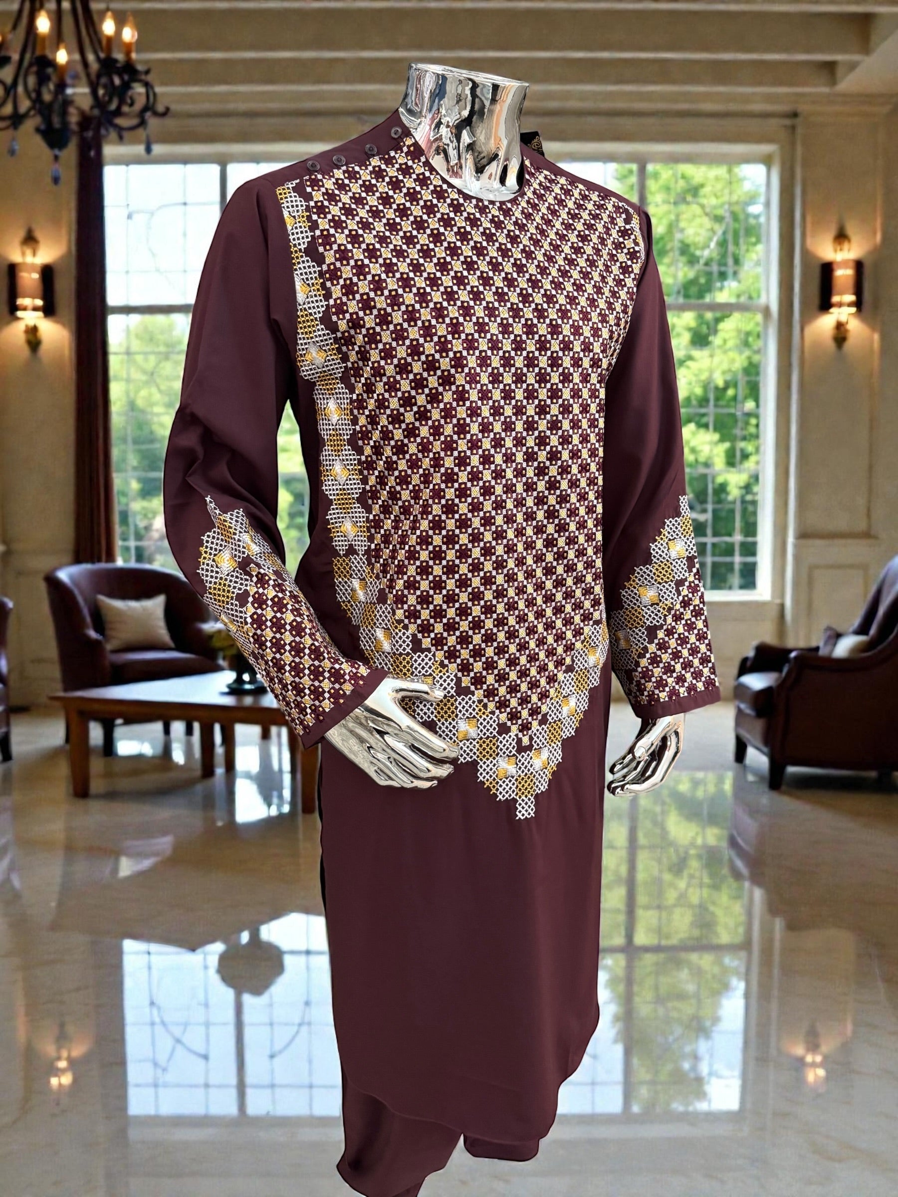 Men’s Maroon Kameez with Gold and White Machine Embroidery – Large Tall | Luqmaan Boutique