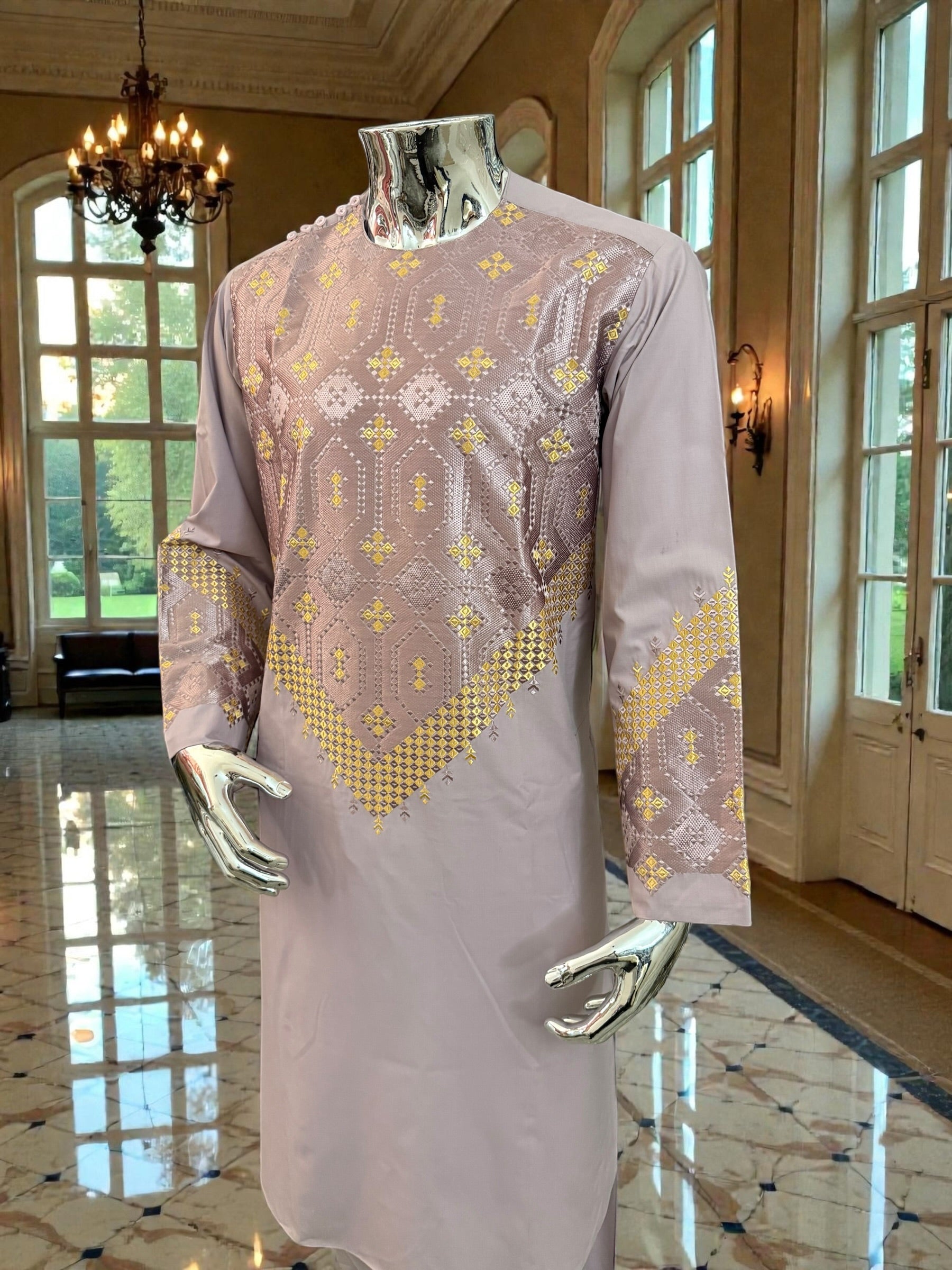 Men’s Lavender Parahan Tumban with Gold Embroidery | Traditional Afghan Outfit | Luqmaan Boutique