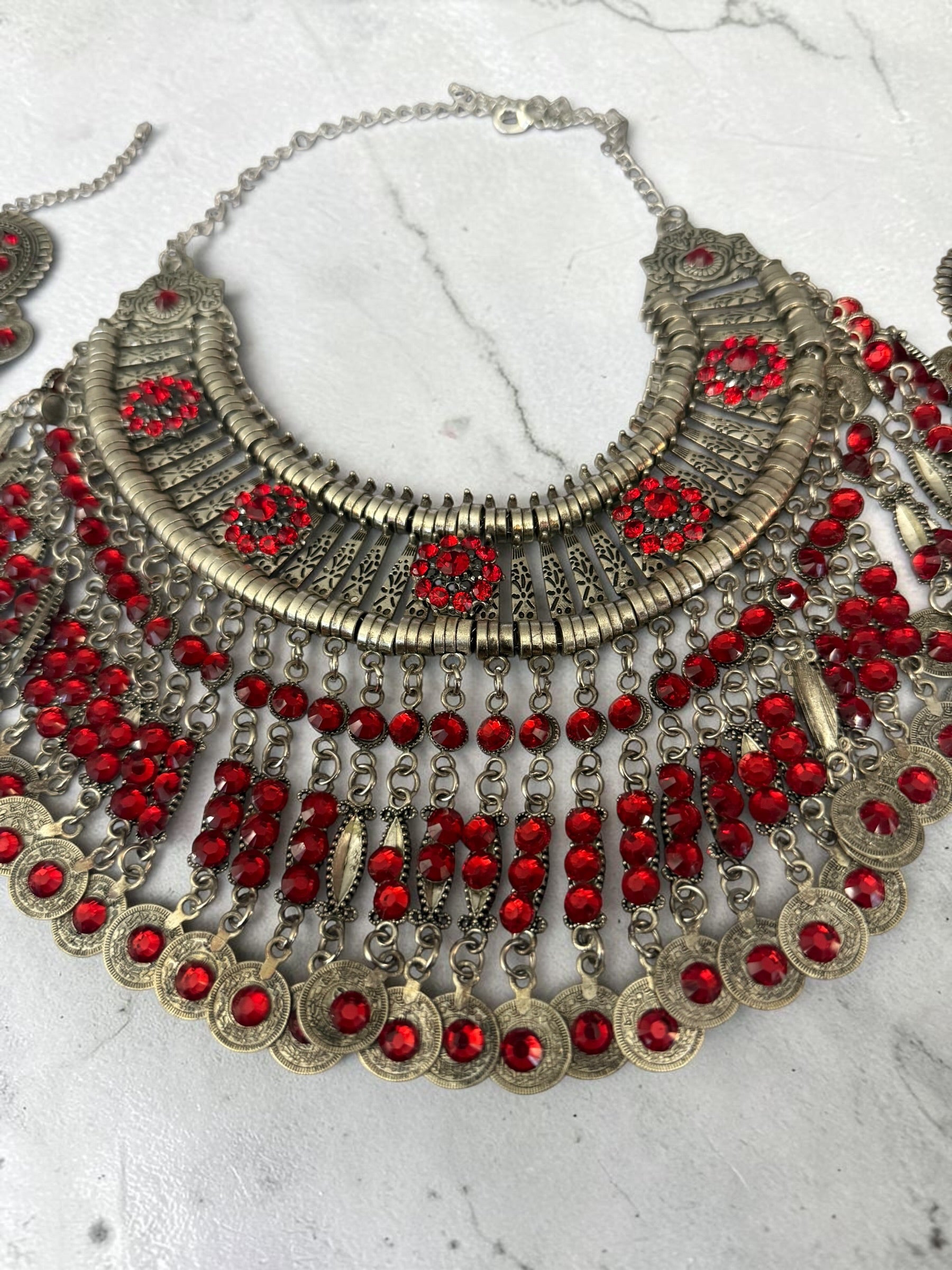 Handmade Afghan Traditional Tribal Statement Necklace Set for Women – Vintage Silver Tone Necklace & Matching Earrings with Red Stones | Boho Ethnic Jewelry