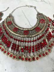 Handmade Afghan Traditional Tribal Statement Necklace Set for Women – Vintage Silver Tone Necklace & Matching Earrings with Red Stones | Boho Ethnic Jewelry