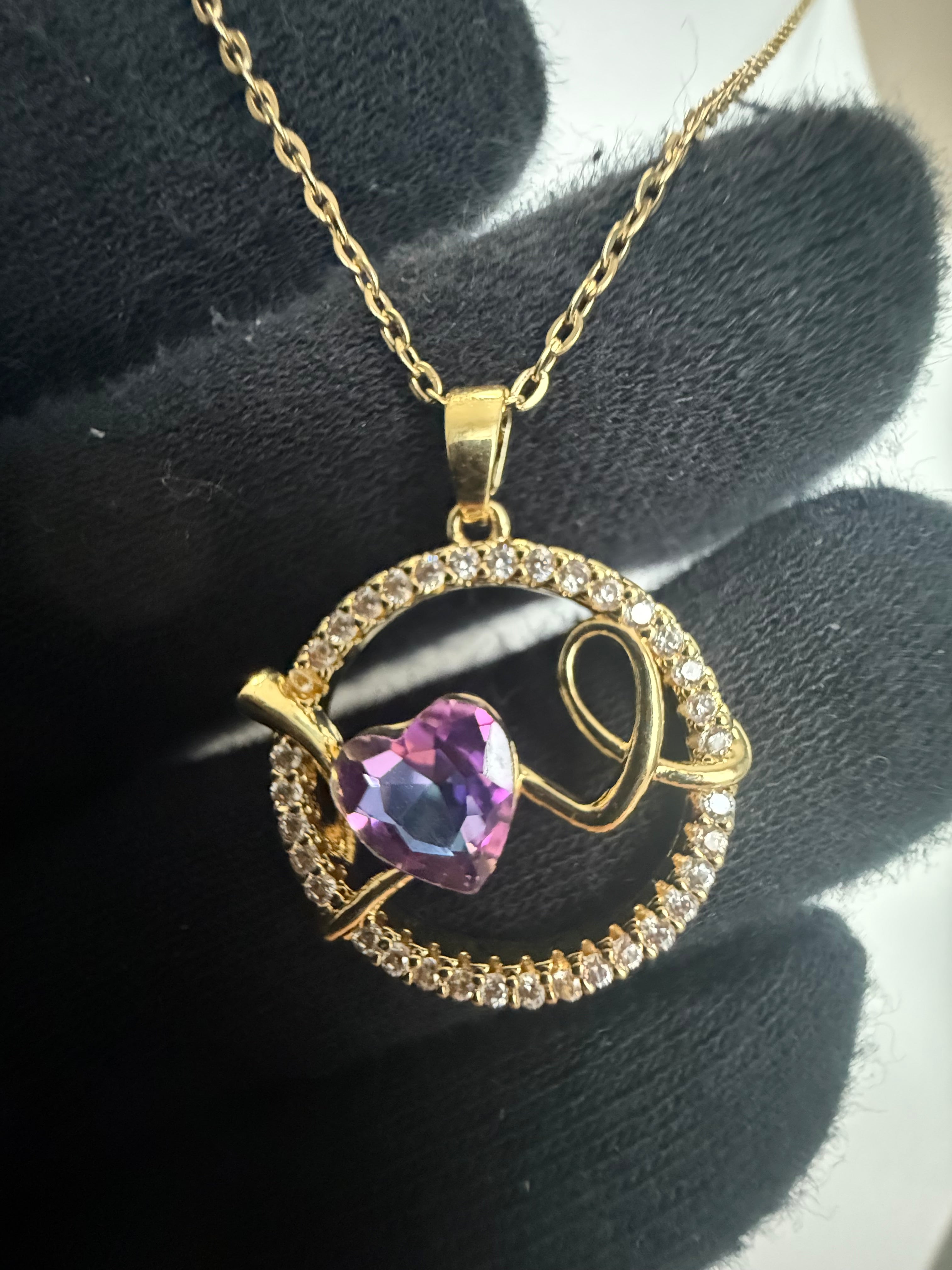 Purple Heart Crystal Pendant Necklace – Gold Tone Stainless Steel Love Pendant 7154