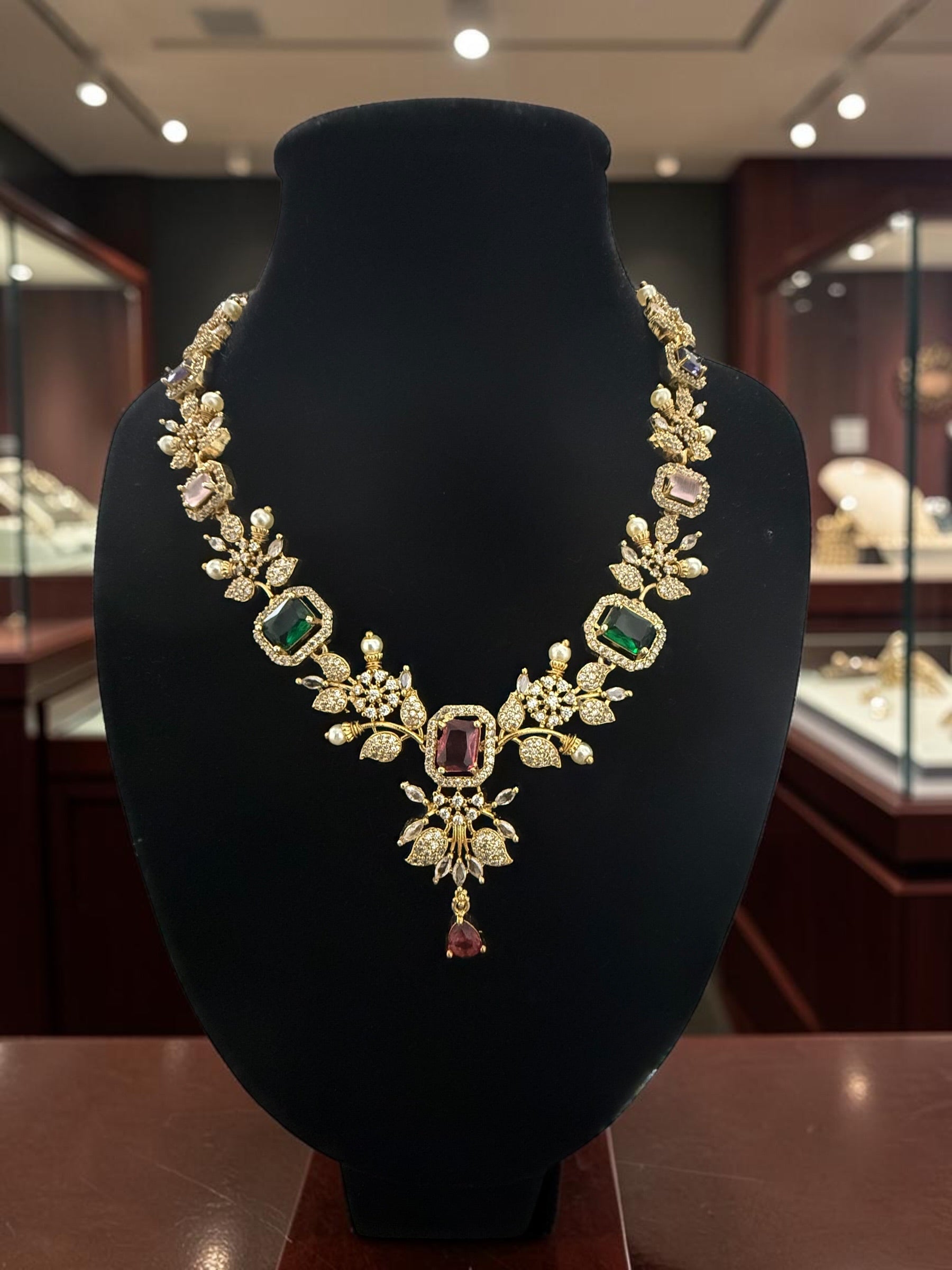 Luxury Gold Tone Floral Necklace & Earrings Set | Alloy Brass Metal | Green & Burgundy Crystal Statement Jewelry | Gift-Ready Black Jewelry Box Included 6070