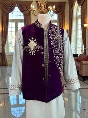 Large Royal Plum Velvet Afghan Waistcoat with Hand Embroidery