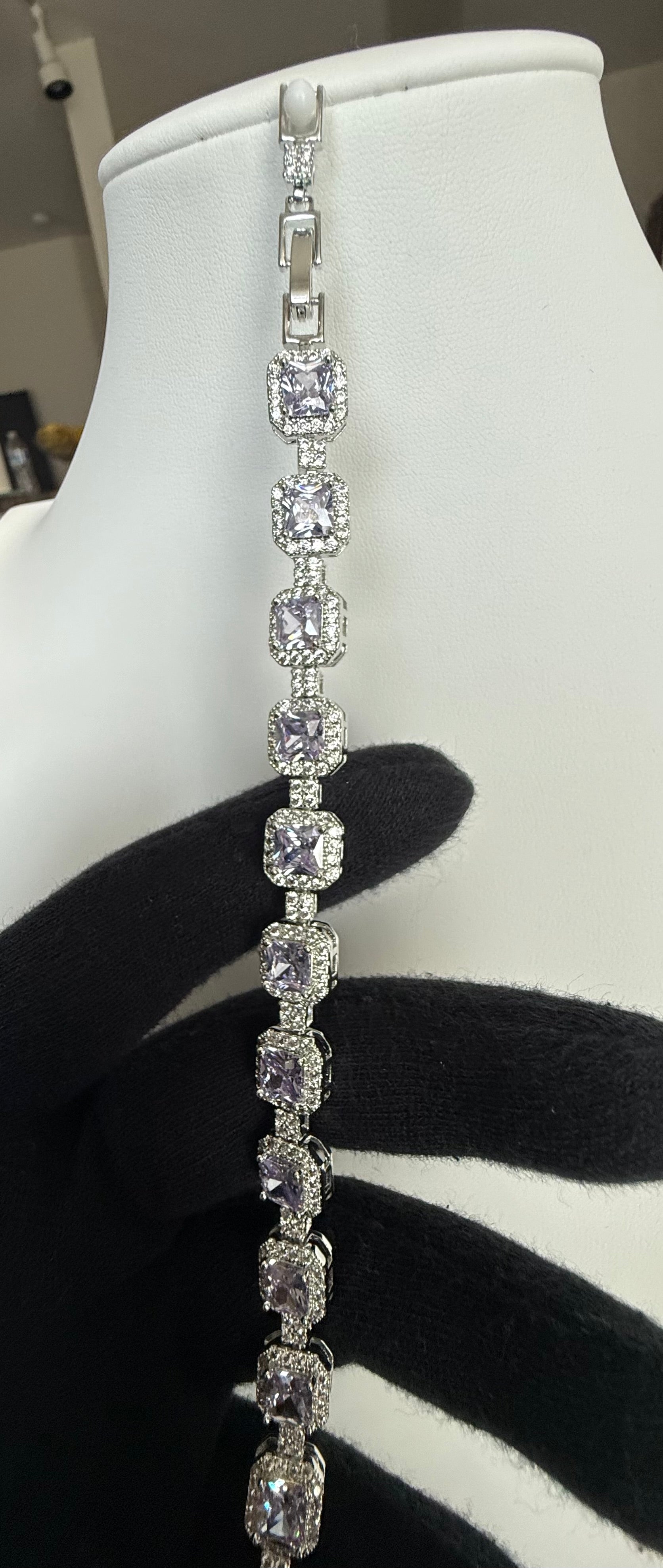 Lavender Purple Cushion-Cut Crystal Halo Tennis Bracelet – Silver Tone Statement Jewelry 7093