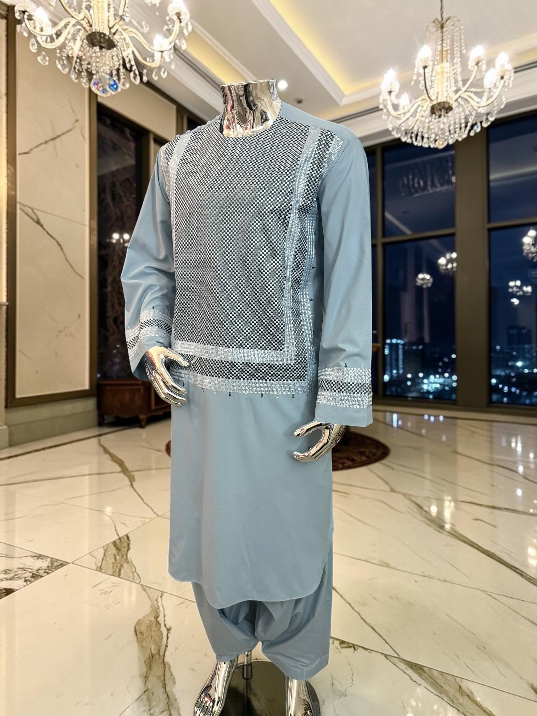 X-Large Sky Blue Kandahari Parahan Tunban for Men | Premium Afghan Traditional Wear