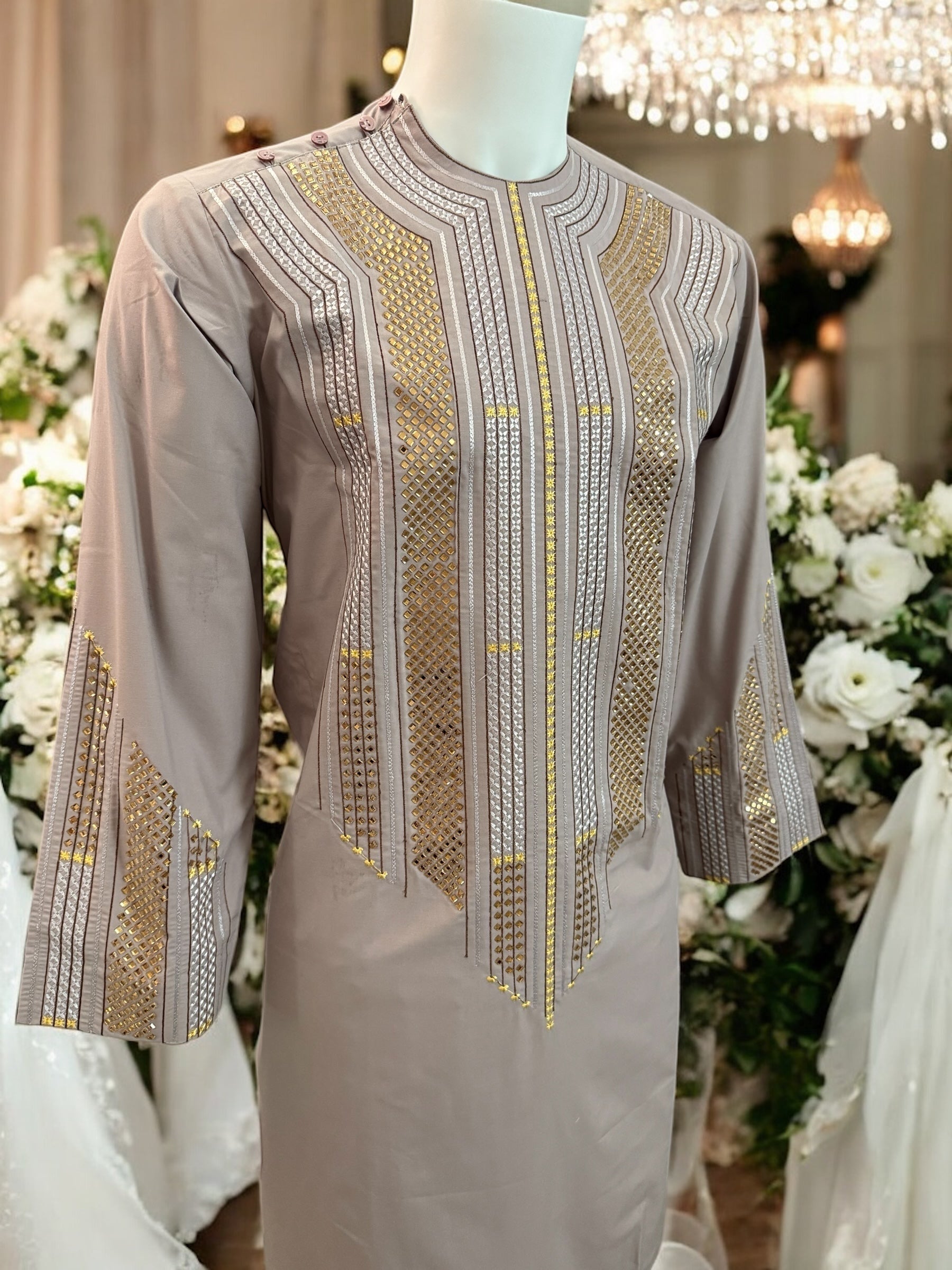 Afghan Parahan Tunban for Men Pale Rose Silver and Gold Shesha Mirror Work Machine Embroidered Small