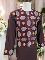 Afghan Parahan Tunban with Machine Khamakdozi Embroidery – Deep Maroon Gold White – Medium