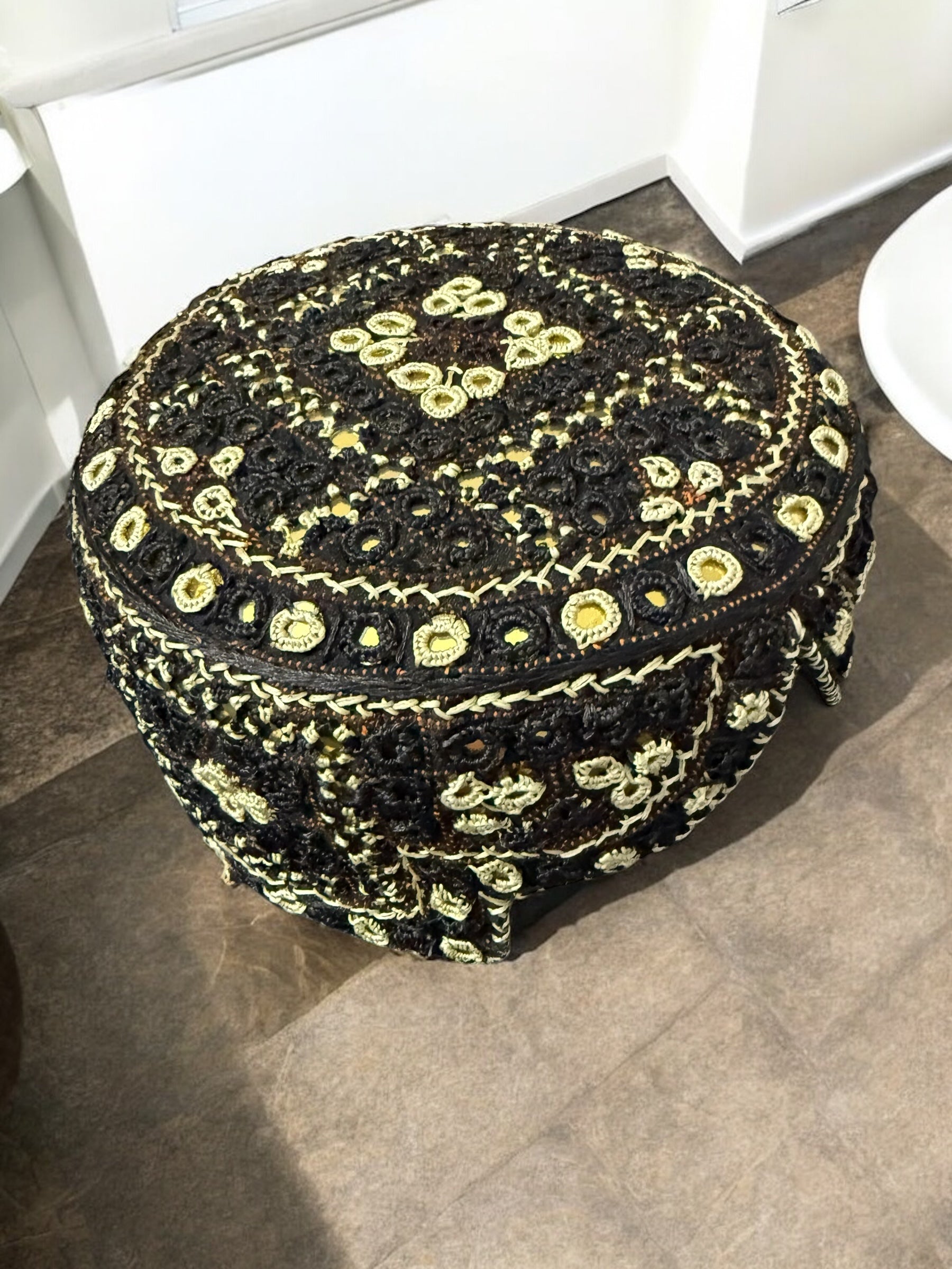 Black and Gold Baluchi Hat with Brown Accents – Hand Embroidered Traditional Afghan Men’s Cap with Mirror Work
