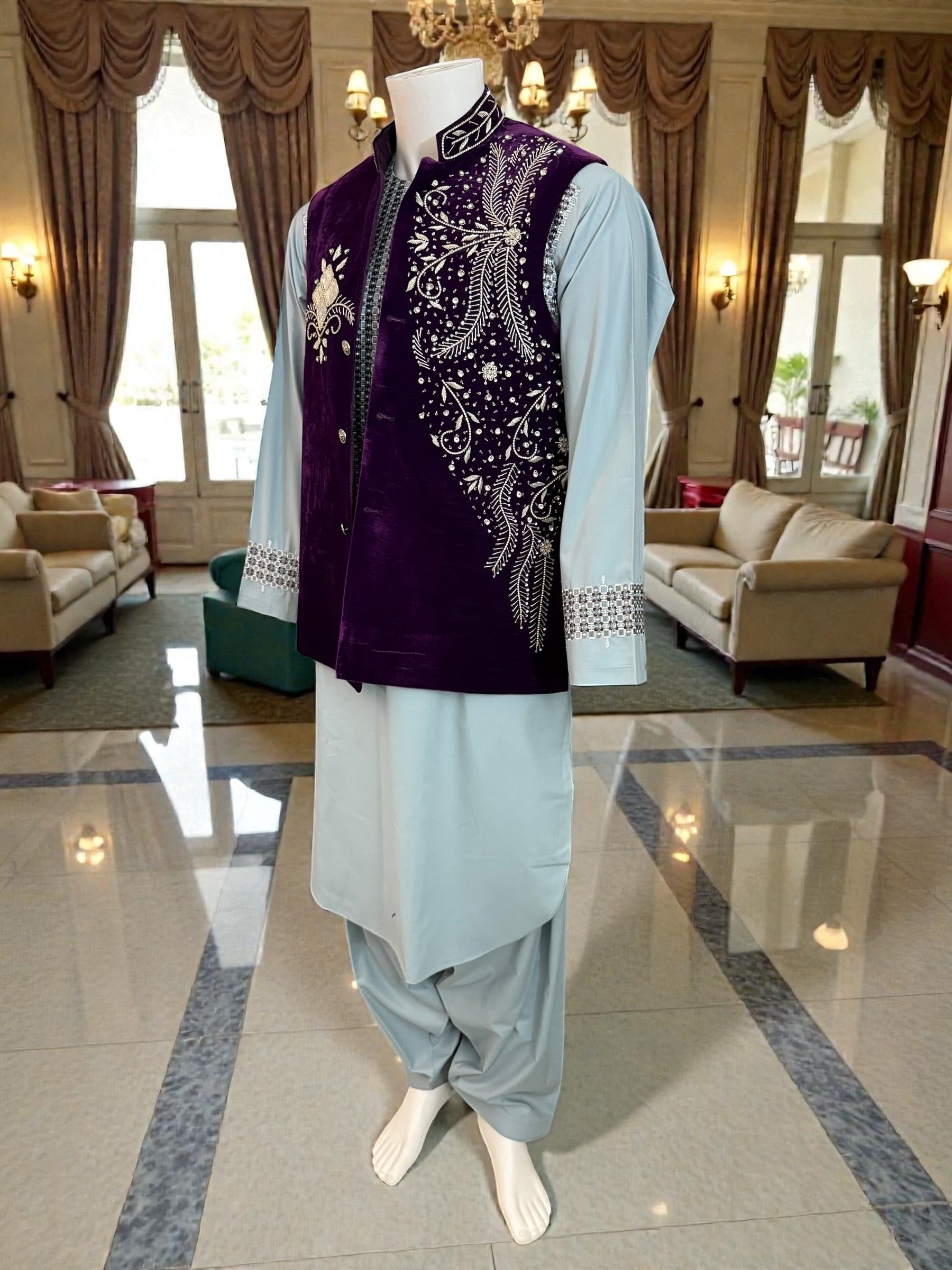 Large Royal Plum Velvet Afghan Waistcoat with Hand Embroidery