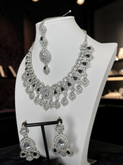 Silver Tone Bridal Jewelry Set with Clear & Black Crystal Accents – Necklace, Earrings & Maang Tikka | Indian Pakistani Afghan Wedding Jewelry | Gift Box Included 6025