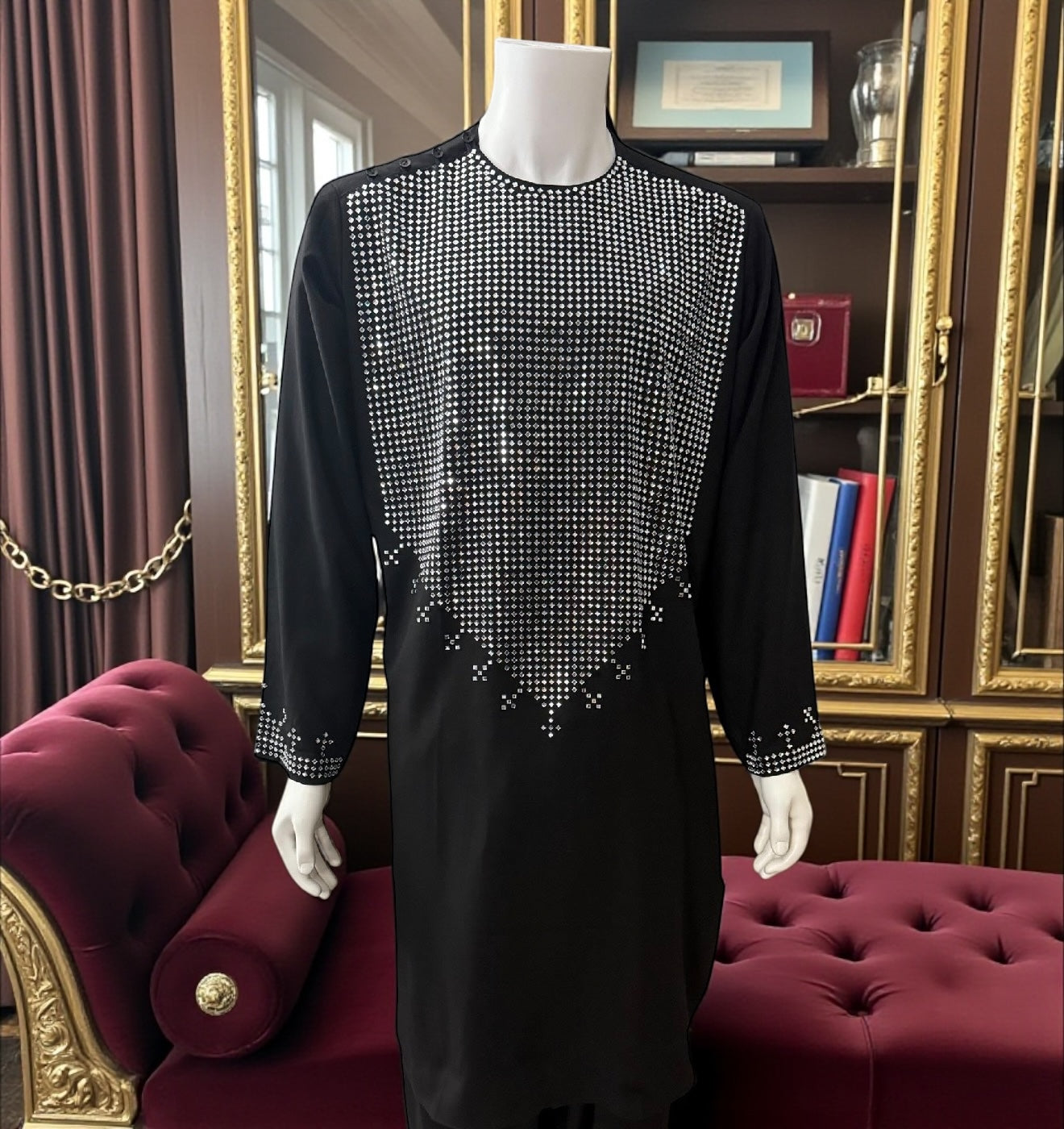 Small Black Afghan Kameez 2-Piece Set with Silver Shesha Mirror Work