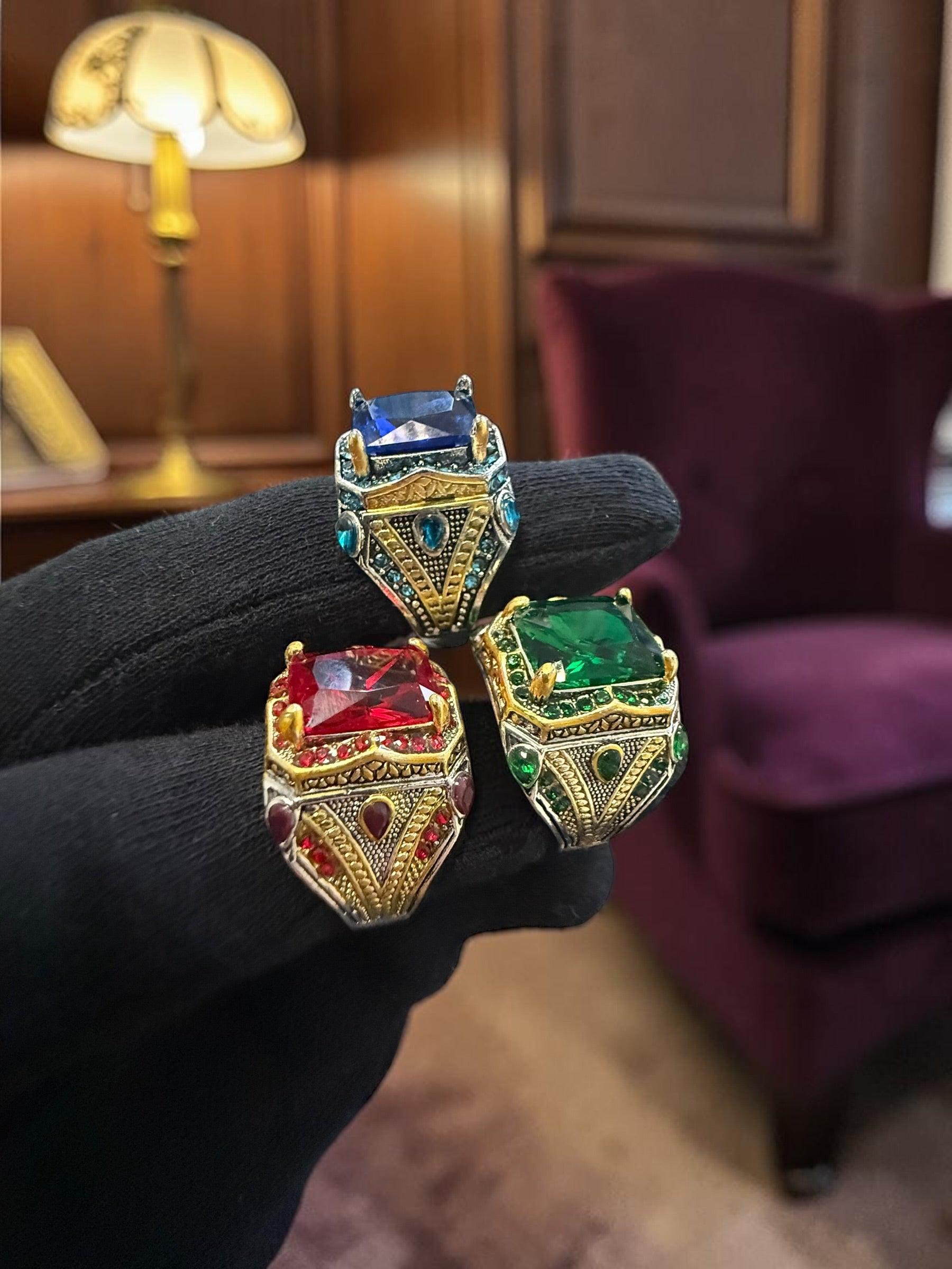 Turkish Inspired Signet Ring for Men – Blue, Green & Red Zircon Statement Ring | Vintage Ottoman Style Silver Plated Unisex Jewelry