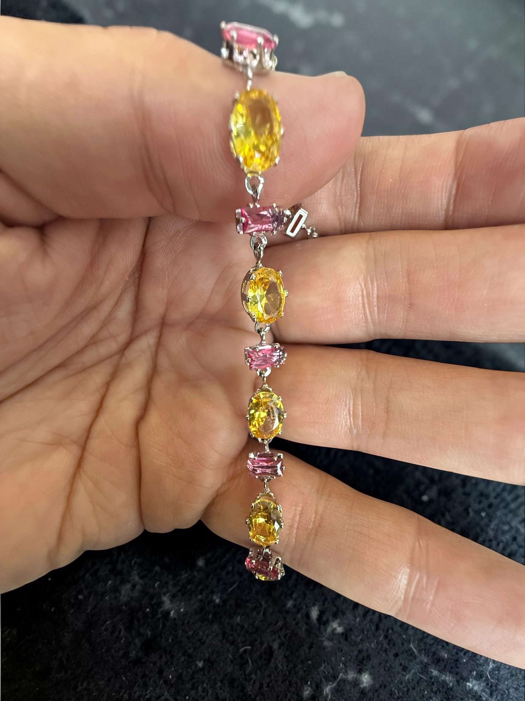 Yellow & Pink Crystal Tennis Bracelet – Silver Tone Oval & Emerald Cut Stone Bracelet for Women 7066