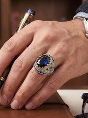 Vintage Blue Zircon Statement Ring – Two-Tone Gold & Silver Plated Brass Oval Crystal Ring for Men and Women 6076
