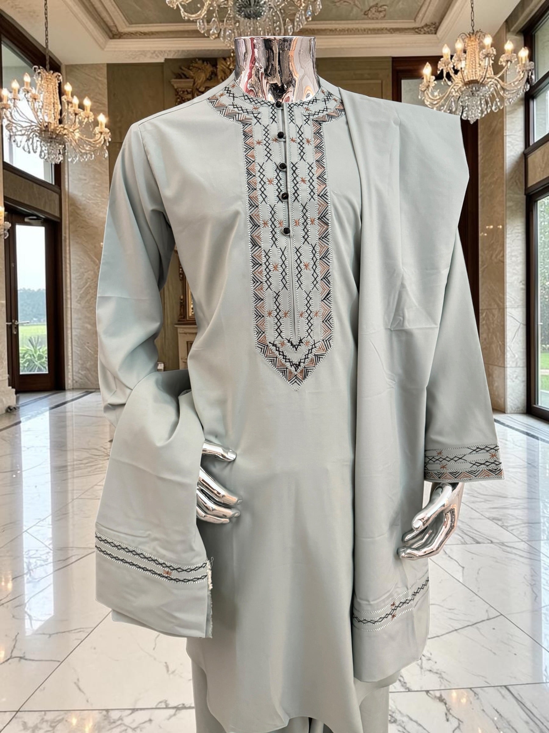 Medium Men’s Hand Embroidered Parahan Tunban Set – Light Sage Green Afghan Traditional Outfit