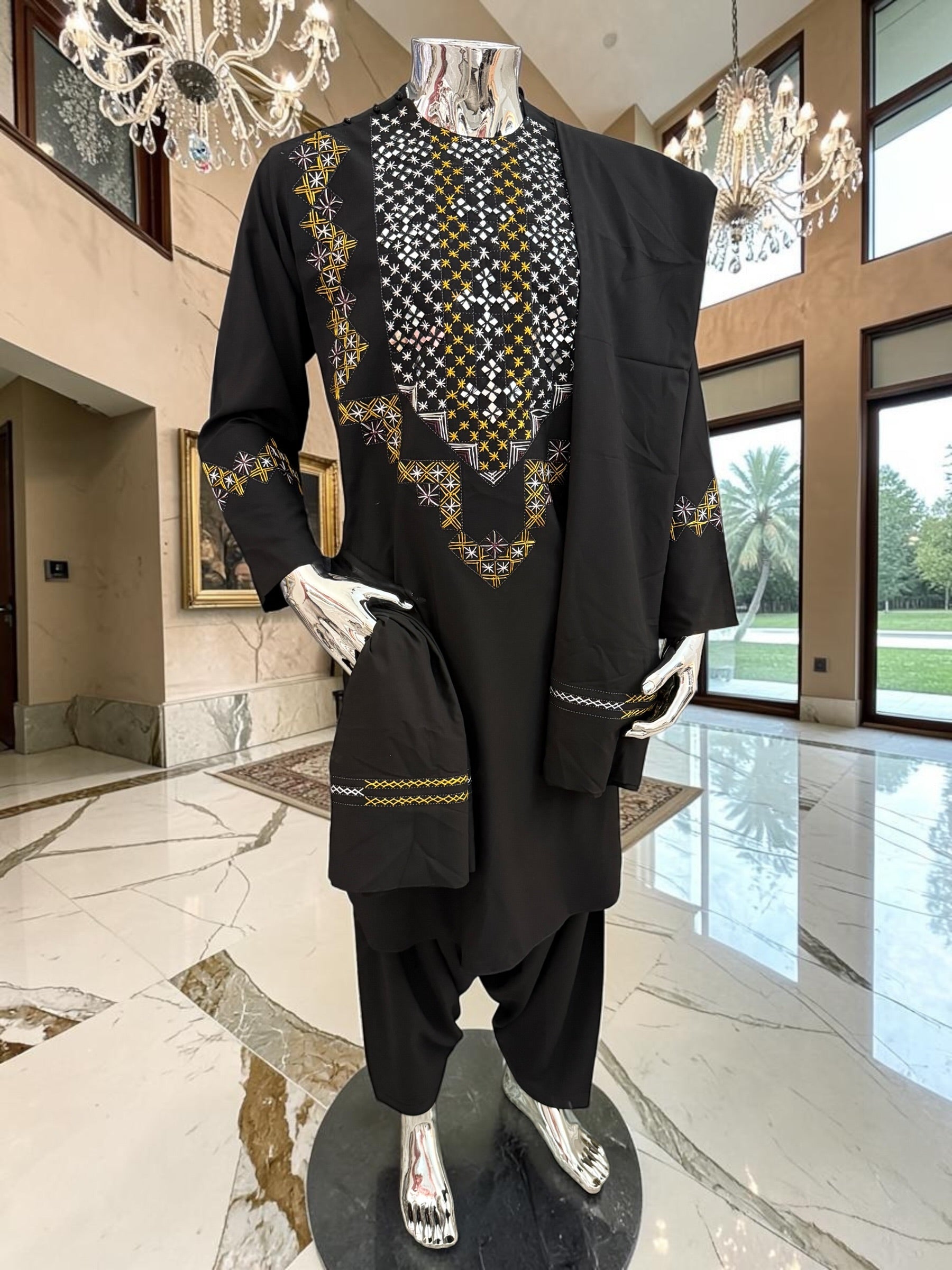 Medium Luqmaan Boutique Black Shesha Embroidery Parahan Tunban Set – Premium Afghan Traditional Wear