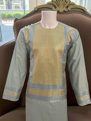 Men’s Sage Green Kameez with Gold and Silver Geometric Machine Embroidery | Large Size