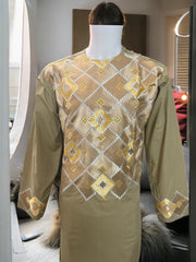Afghan Parahan Tunban with Machine Khamakdozi Embroidery – Olive Gold – Medium