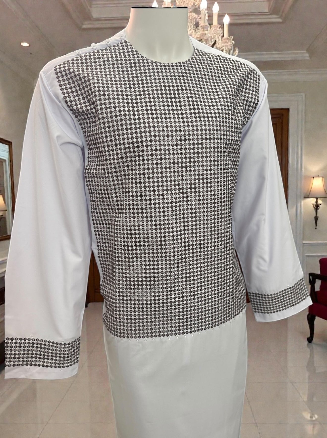 Traditional Afghan Parahan Tunban with Patterned Front Panel – White – XL