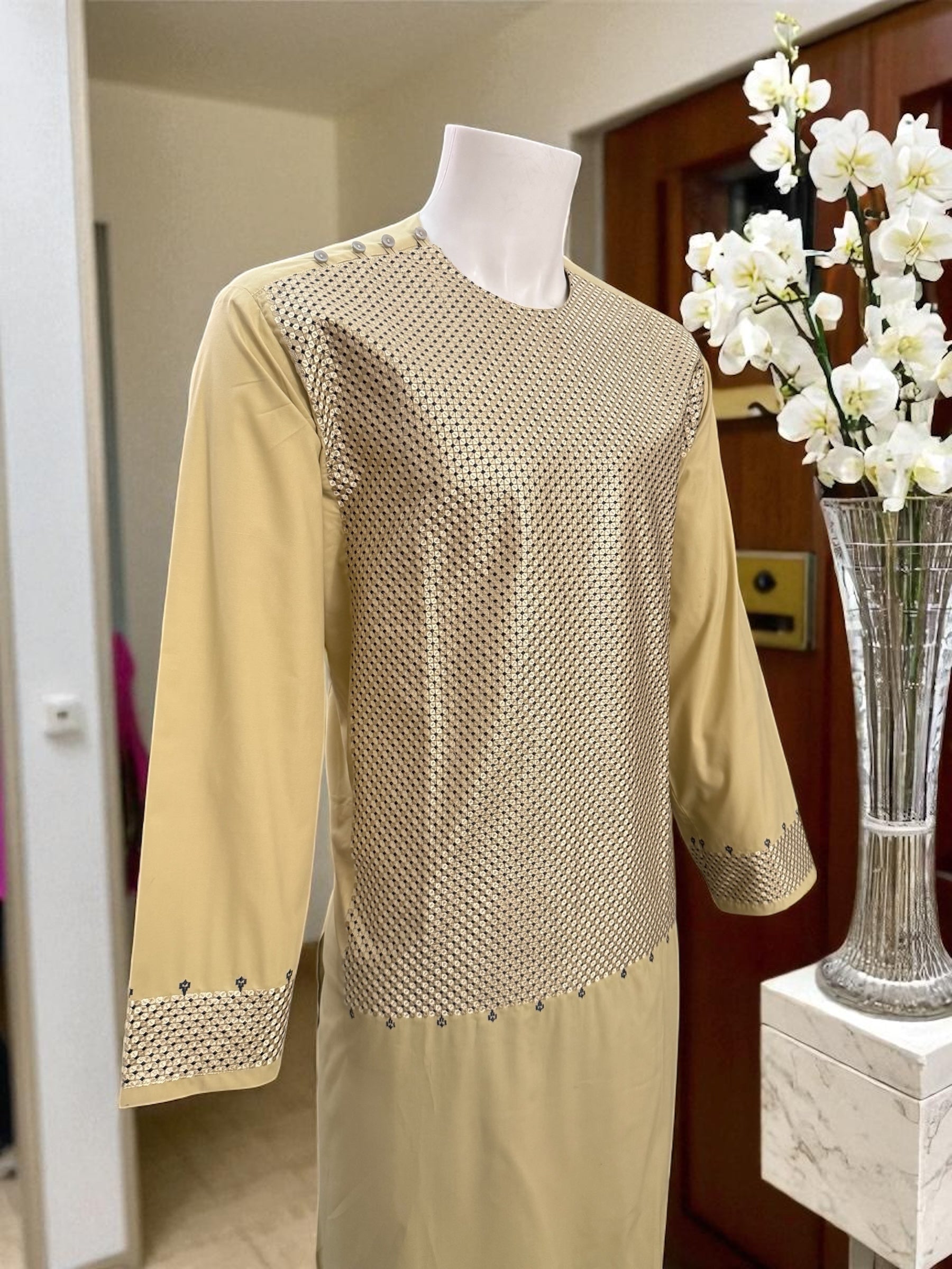 Men’s Beige Kameez with Black Embroidery