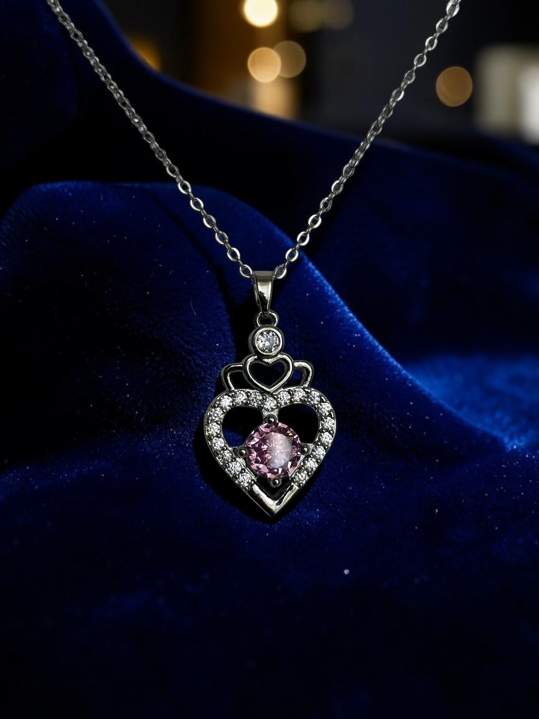 Pink Heart Pendant Necklace – Silver Tone Sparkling Stone Love Necklace for Women 7065