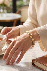Golden Yellow Emerald-Cut Crystal Link Bracelet – Silver-Tone Statement Bracelet for Women 7127