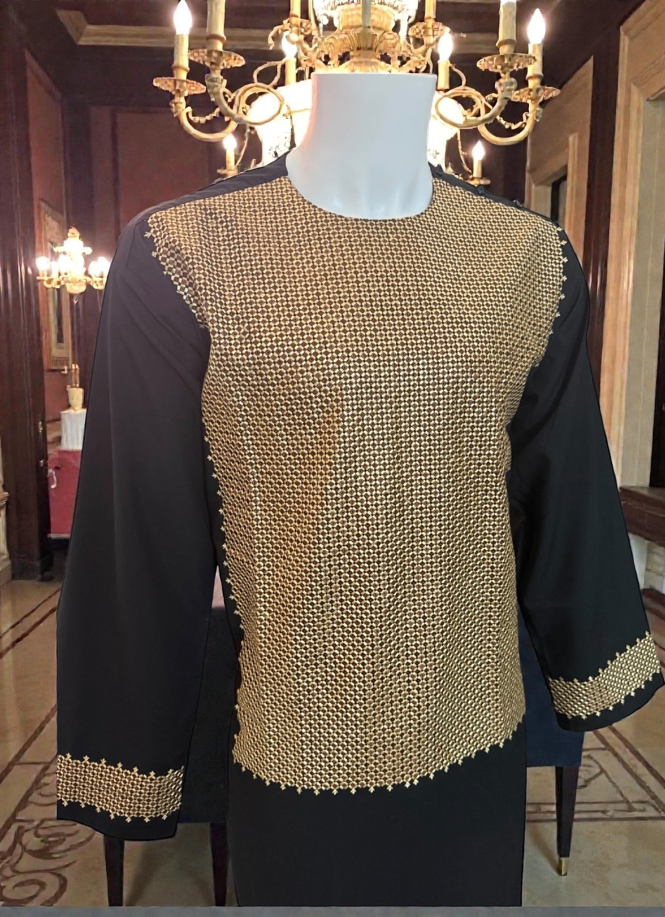 X-Large Black Afghan Parahan Tunban for Men with Machine Embroidery