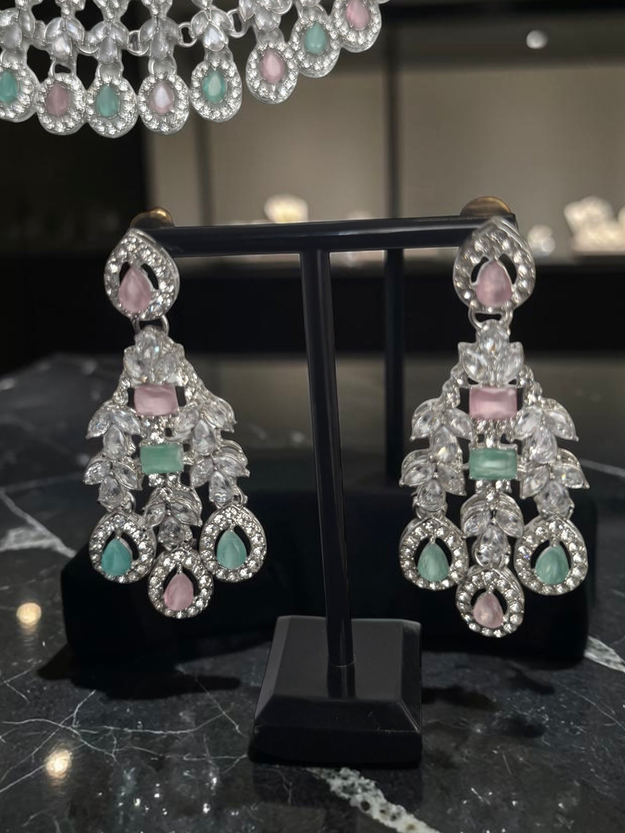 Luxury Pastel Pink & Mint American Diamond Bridal Jewelry Set with Maang Tikka | Premium Brass Statement Necklace & Earrings Gift Box Included 6033