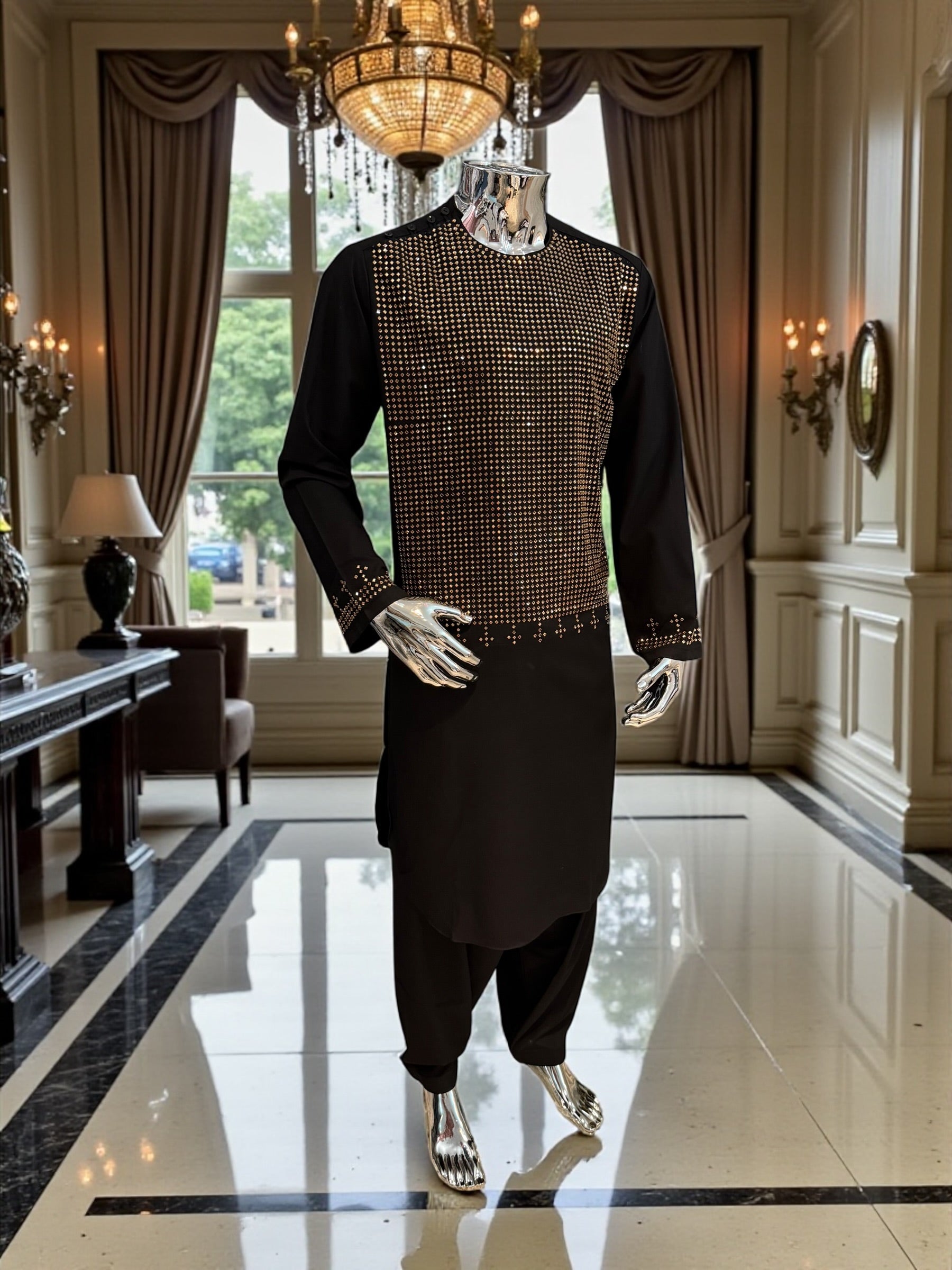 Men’s Black Afghan Traditional Kameez with Gold Mirror Work – Formal Wear XL. Minor Imperfection – Special Discount