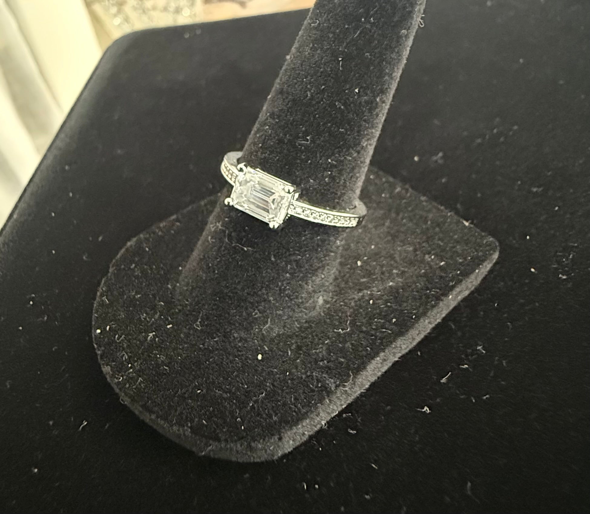 Emerald-Cut Moissanite Sterling Silver Engagement Ring – Size 7.  6021