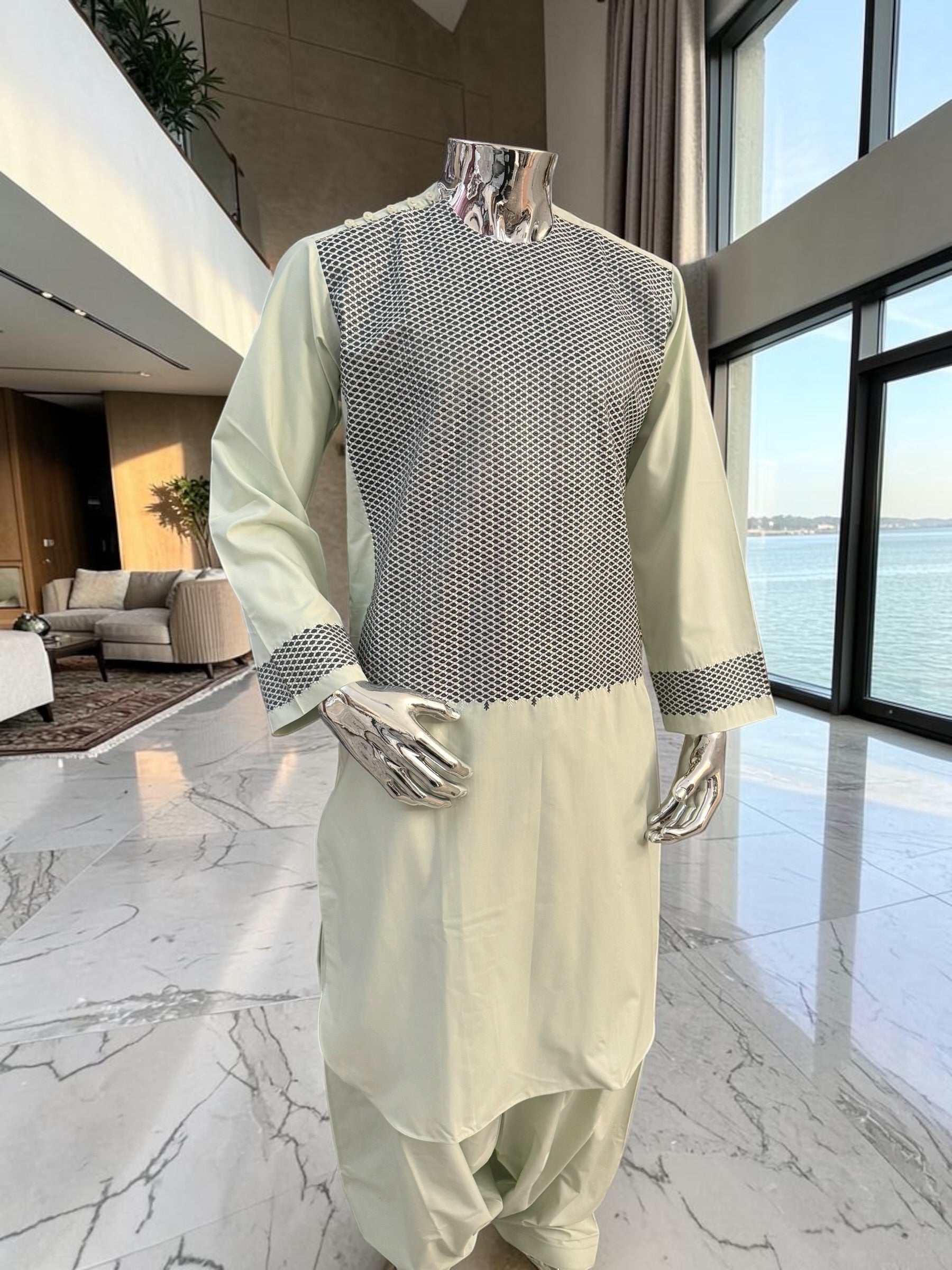 Medium Men’s Pistachio Green Perahan o Tunban with Charcoal Machine Embroidery – Traditional Afghan Outfit