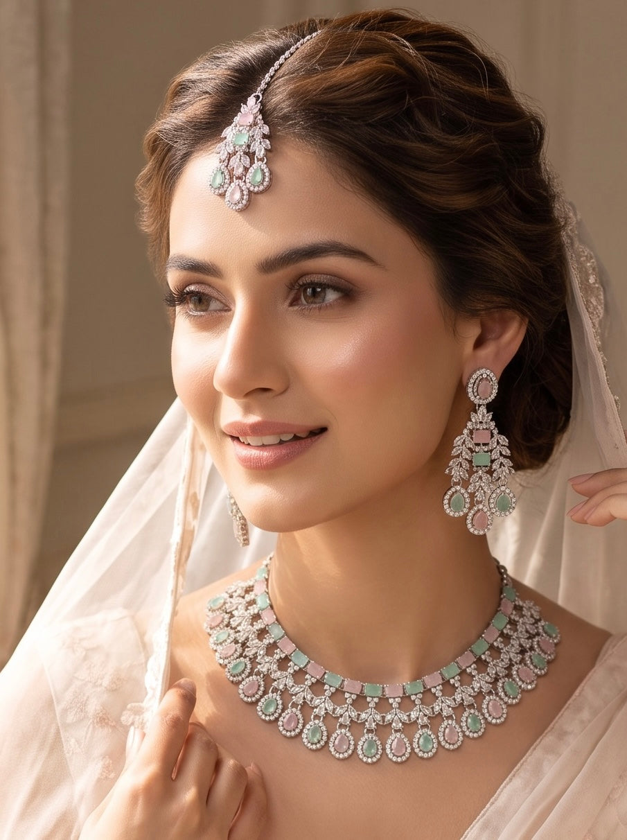 Silver-Tone AD Bridal Necklace Set with Earrings & Maang Tikka – 8 Colors