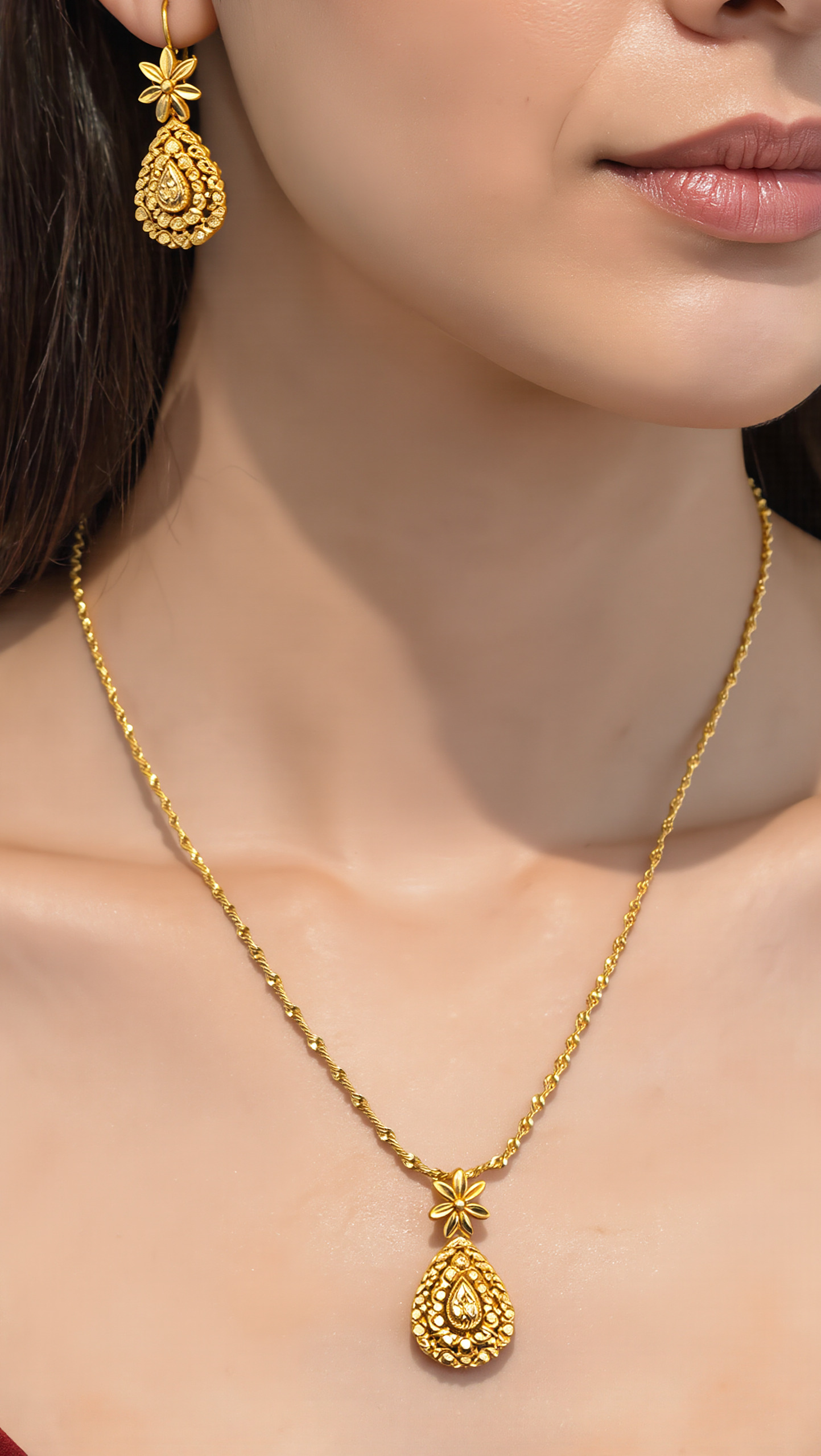 Gold Plated Brass Teardrop Pendant Necklace & Dangle Earrings Set for Women | Lightweight Traditional Jewelry 6090