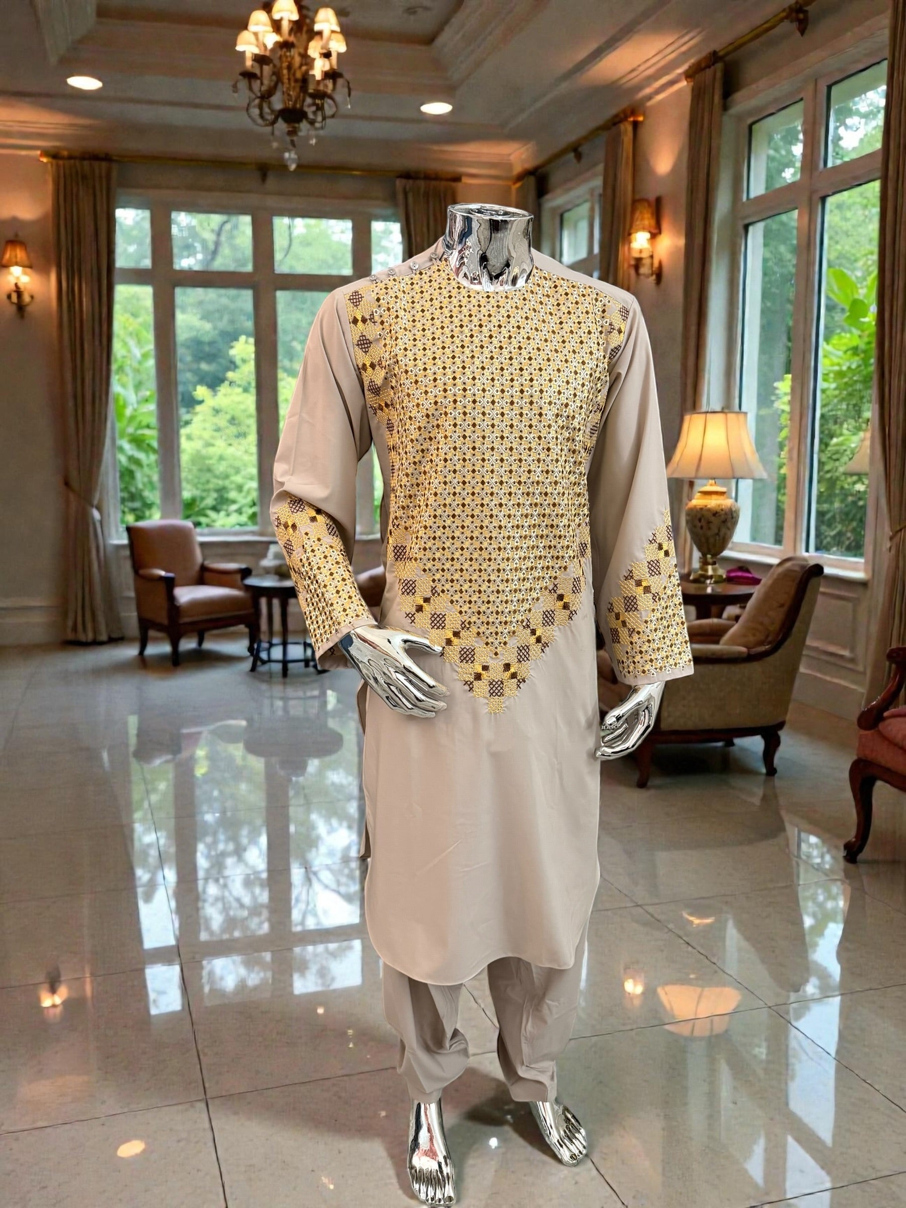 Men’s Beige Kameez with Embroidery – Large | Luqmaan Boutique