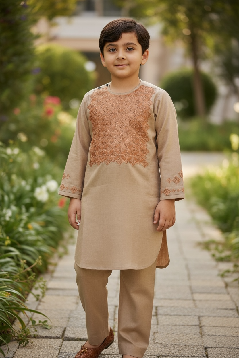 Boys Tan Parahan Tumban with Rust Khamak Embroidery