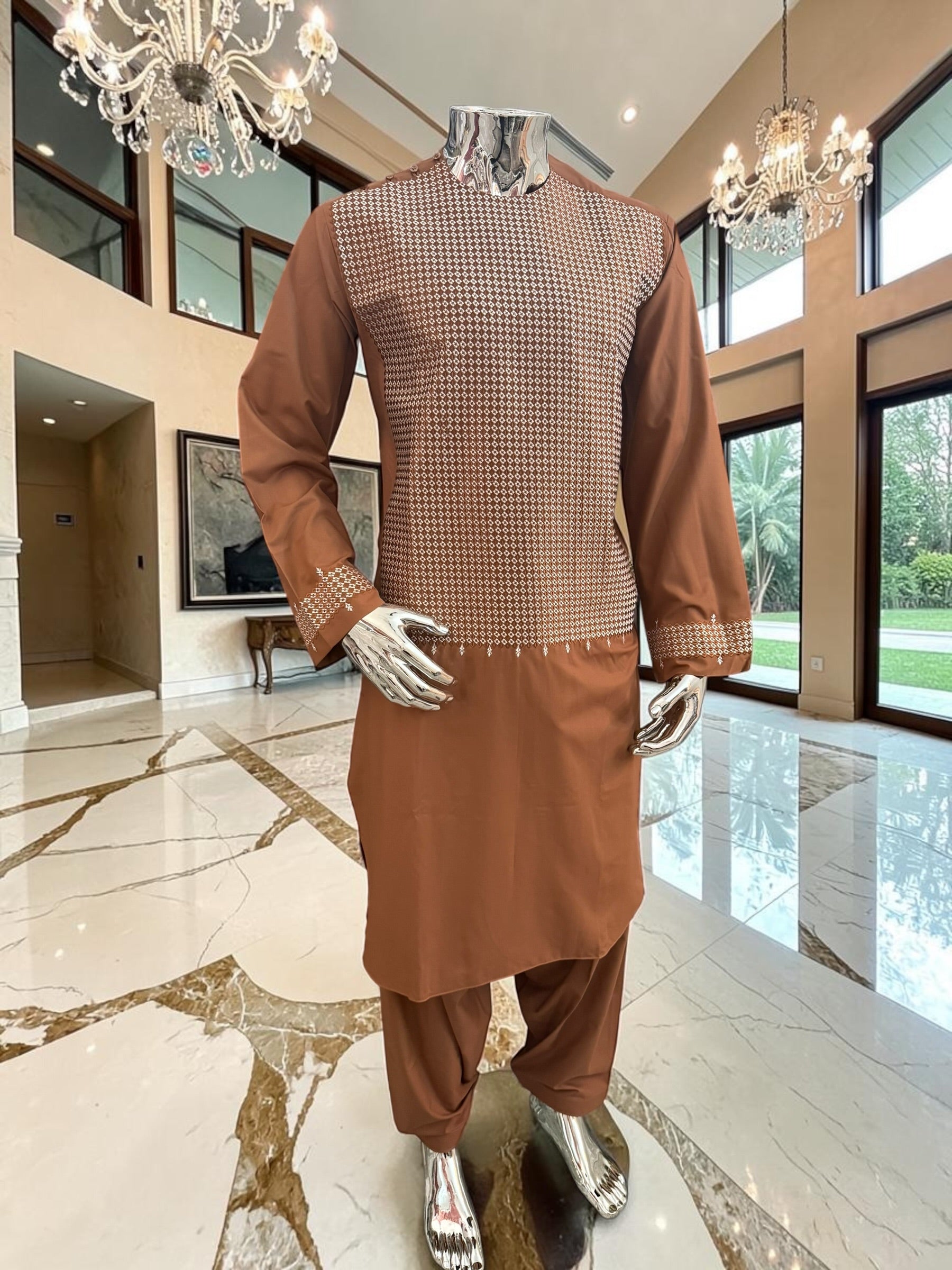 Medium Afghan Parahan Tunban Kameese Shalwar Brown Machine Embroidery
