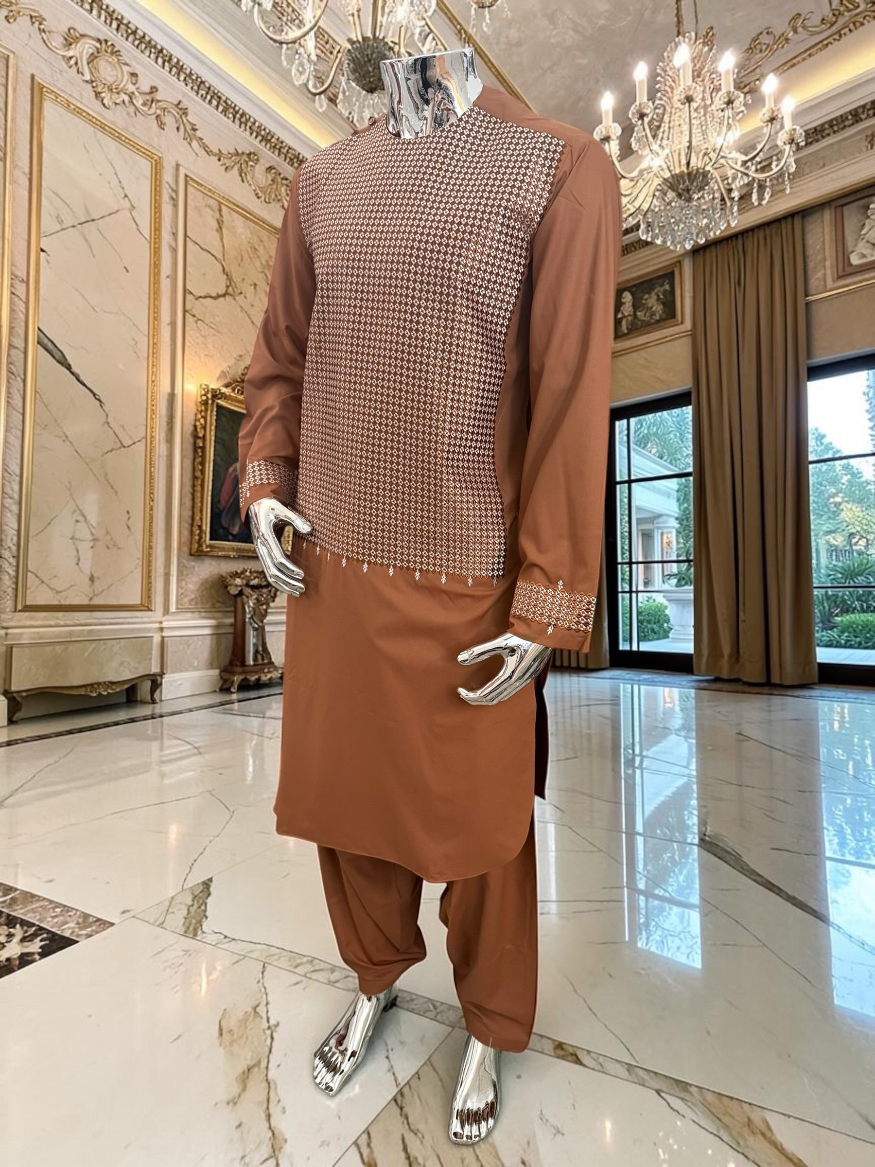 Medium Afghan Parahan Tunban Kameese Shalwar Brown Machine Embroidery