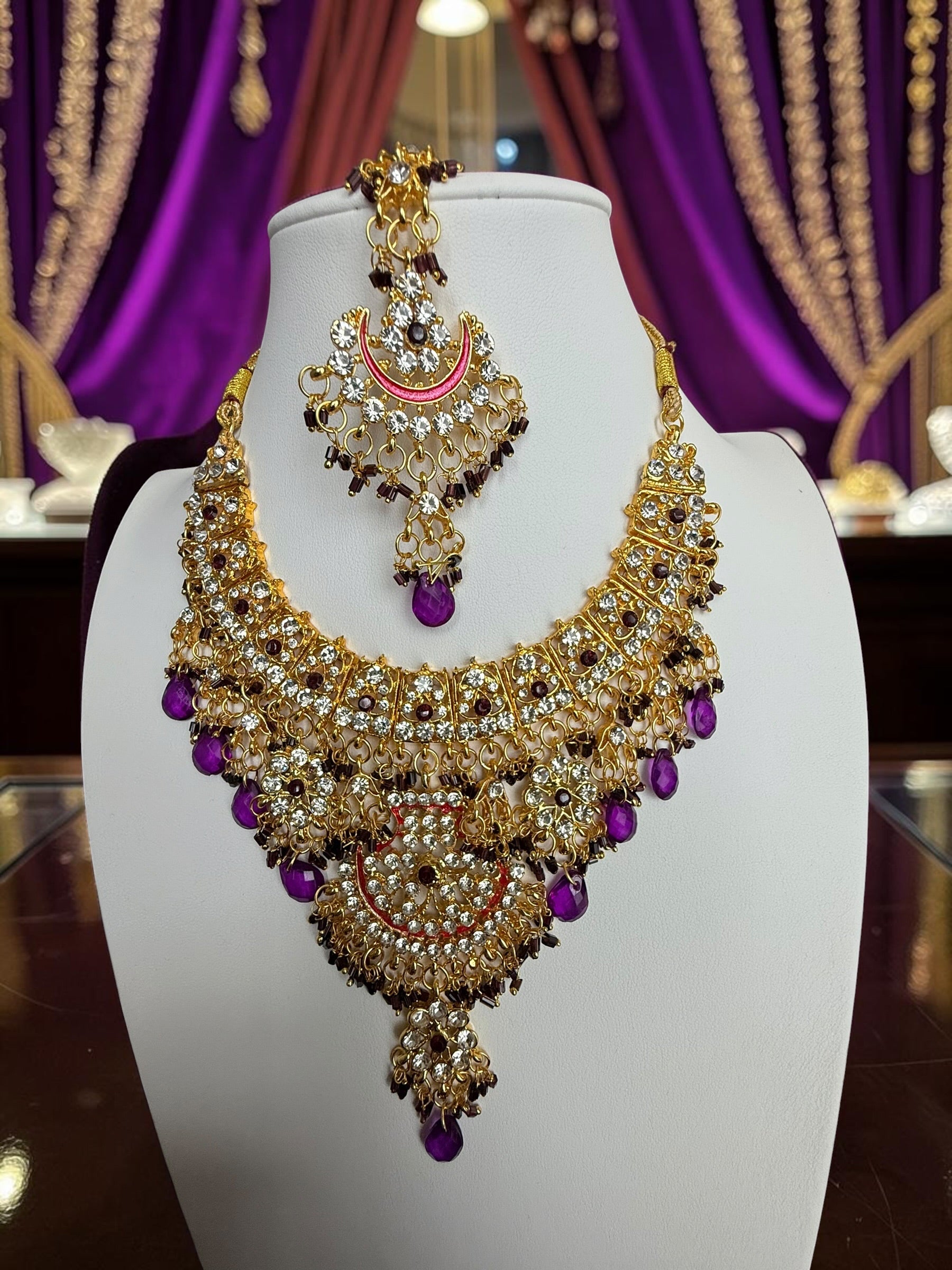 Purple Indian Pakistani Afghan Bridal Jewelry Set with Earrings & Maang Tikka | Gold Tone Crystal Rhinestone Necklace Set | Wedding Jewelry Gift Box Included 7013