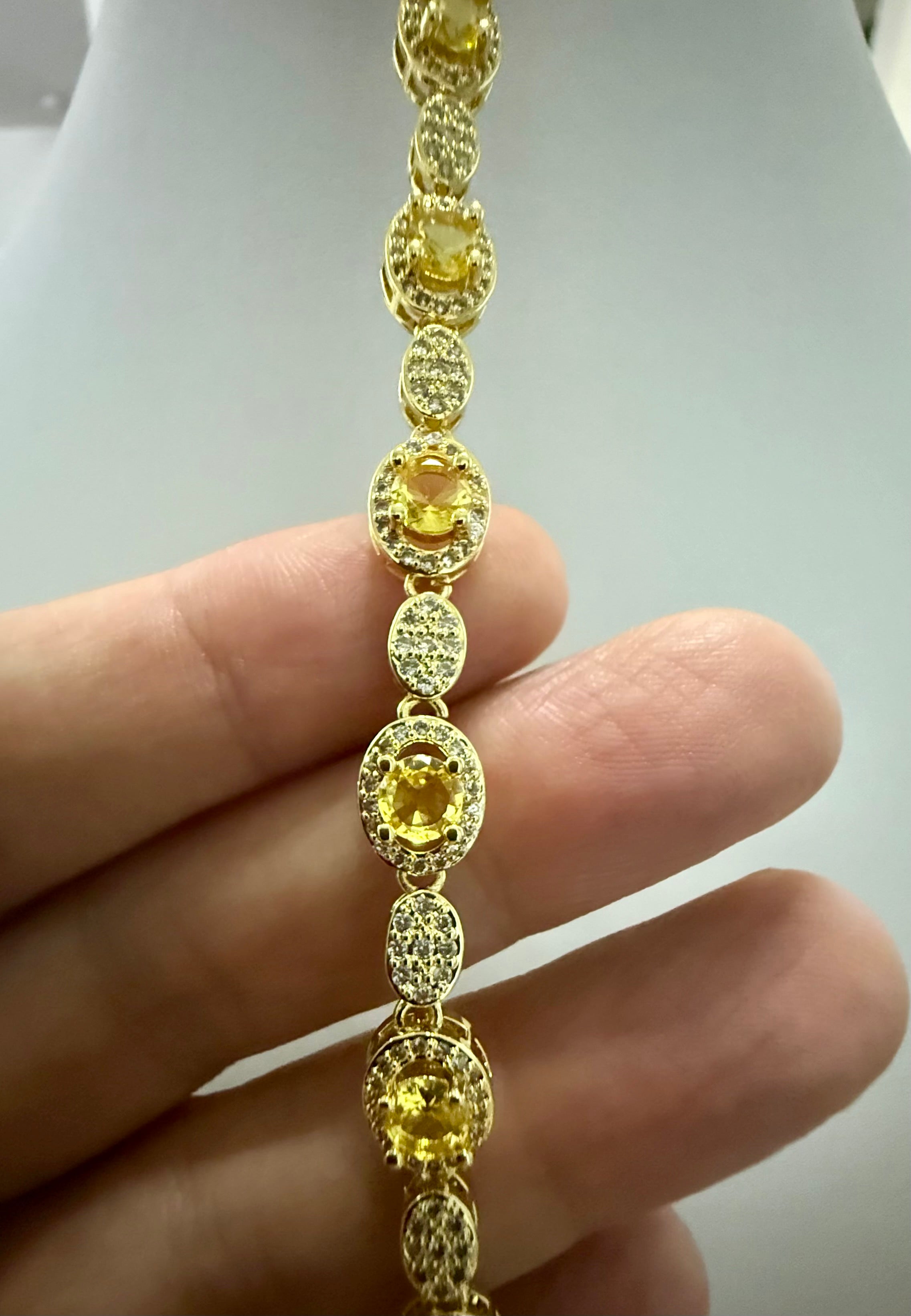 Golden Yellow Oval Crystal Halo Tennis Bracelet for Women – Gold Tone with Jewelry Gift Box 7071