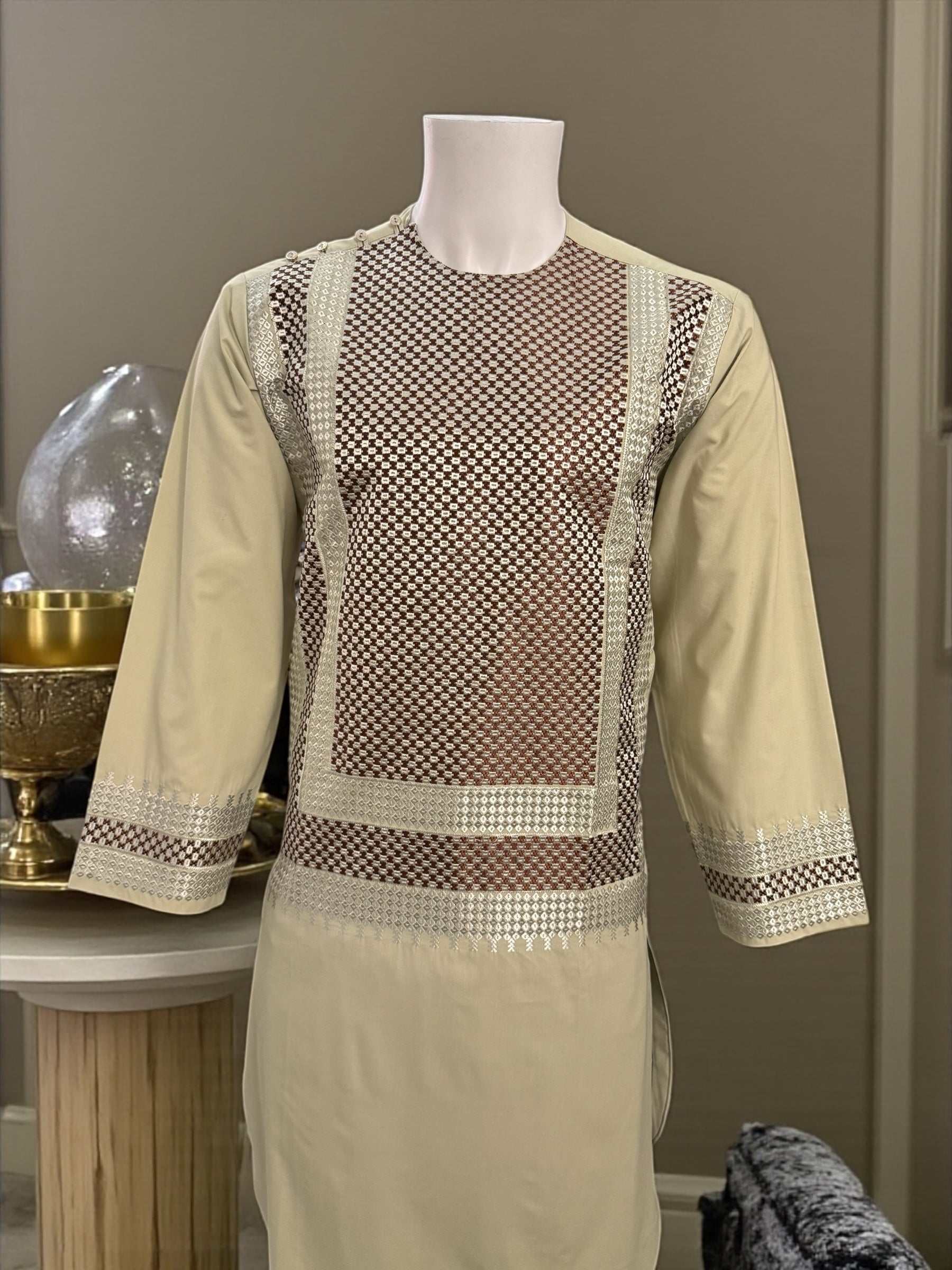Men’s Light Beige Kameez with Brown and Matching Machine Embroidery – Traditional Afghan Wear | Luqmaan Boutique (Small)