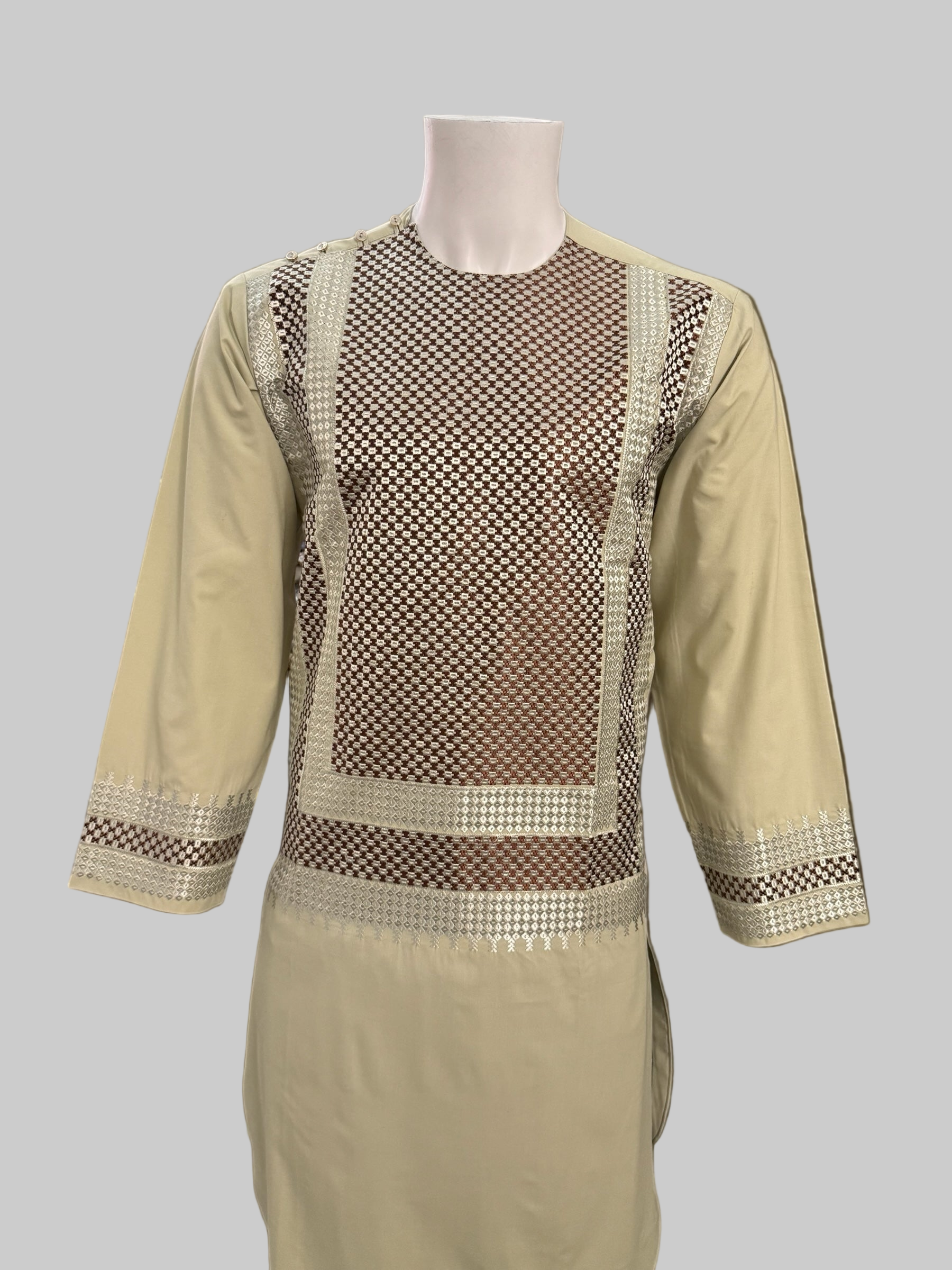 Men’s Light Beige Kameez with Brown and Matching Machine Embroidery – Traditional Afghan Wear | Luqmaan Boutique (Small)