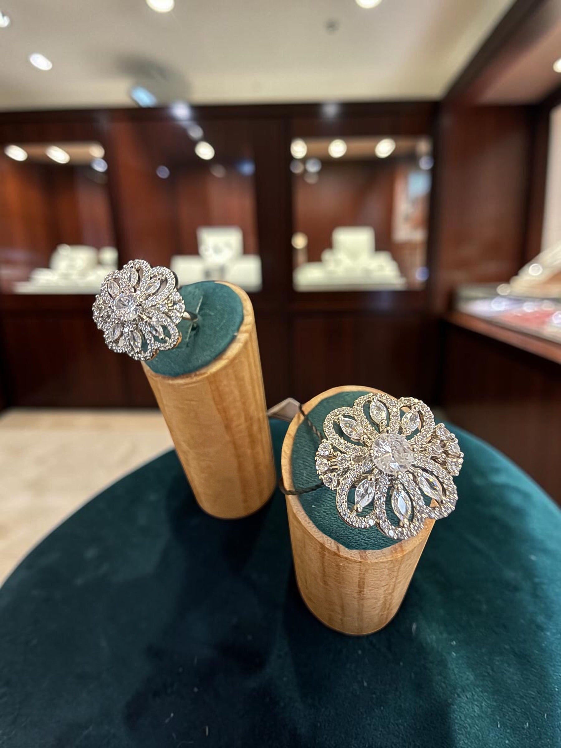American Diamond Statement Ring – Floral Crystal Cocktail Ring, 6 Colors, Adjustable Size, Gift Box Included