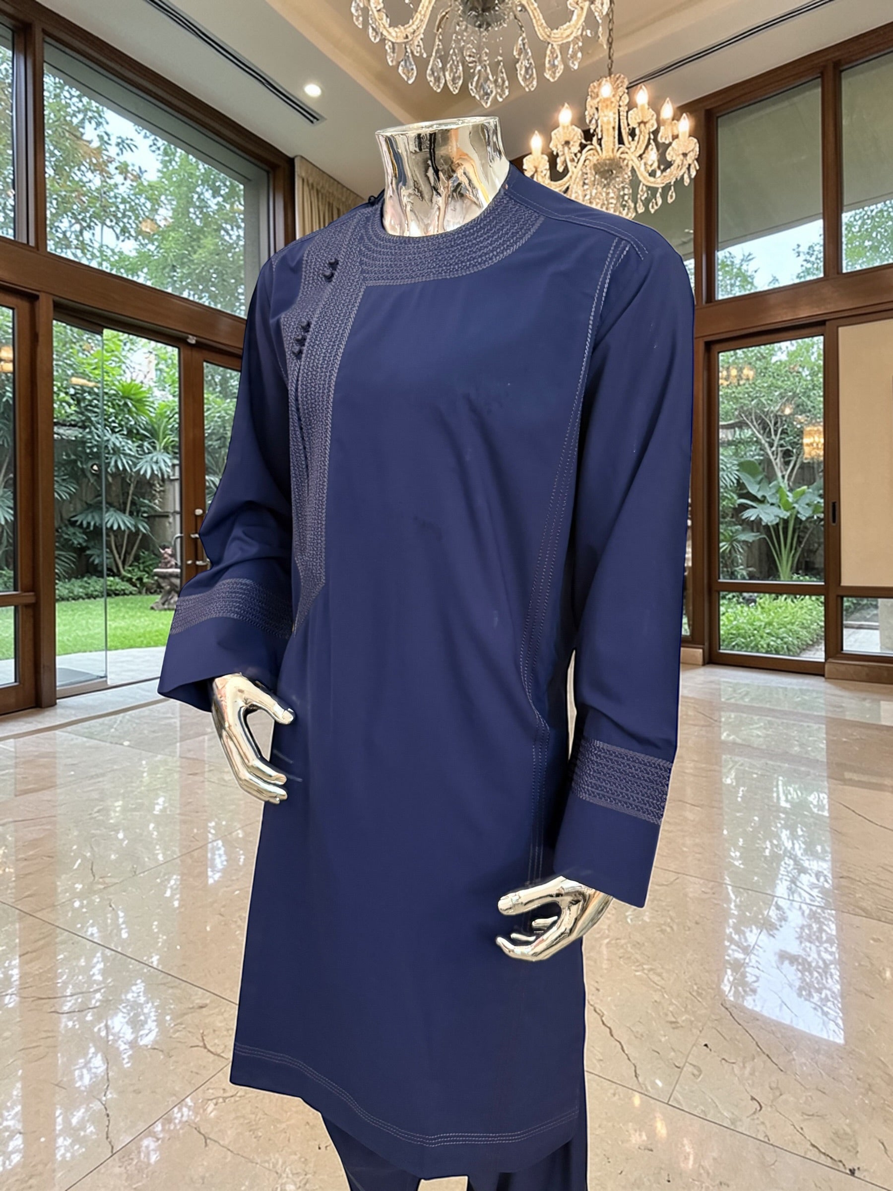 Traditional Afghan Parahan Tunban with Machine Embroidery – Navy Blue – XS