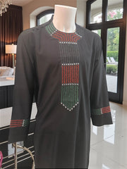 Men’s Black Parahan Tumban with Red, Green & Black Khamak Embellishment – Traditional Afghan Outfit – Small Size
