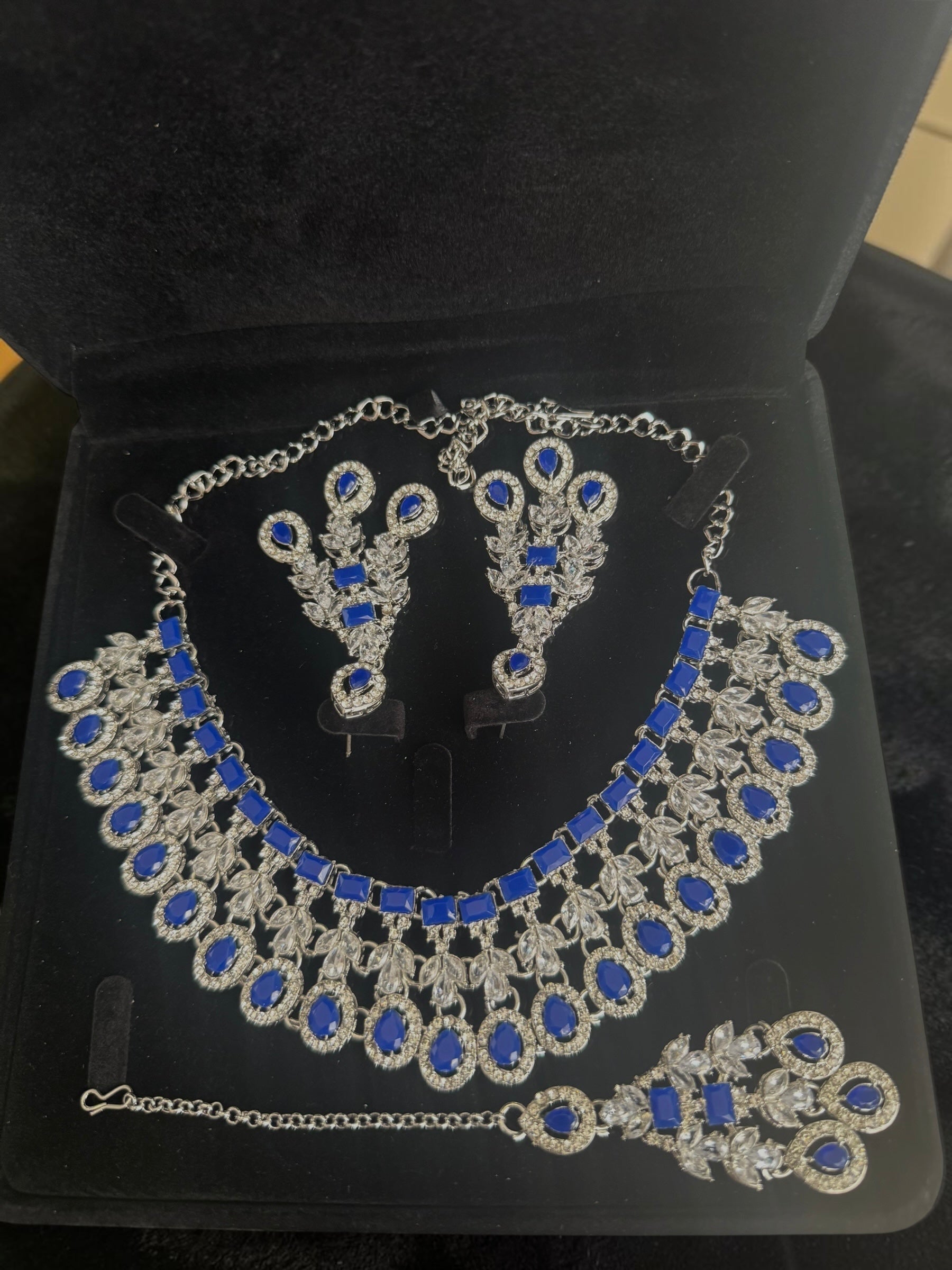 Luxury Sapphire Blue American Diamond Bridal Jewelry Set with Maang Tikka | Premium Brass Statement Collar Necklace, Earrings & Gift Box Included 6036