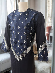 Men’s Navy Blue Parahan Tumban with White Embroidery Large